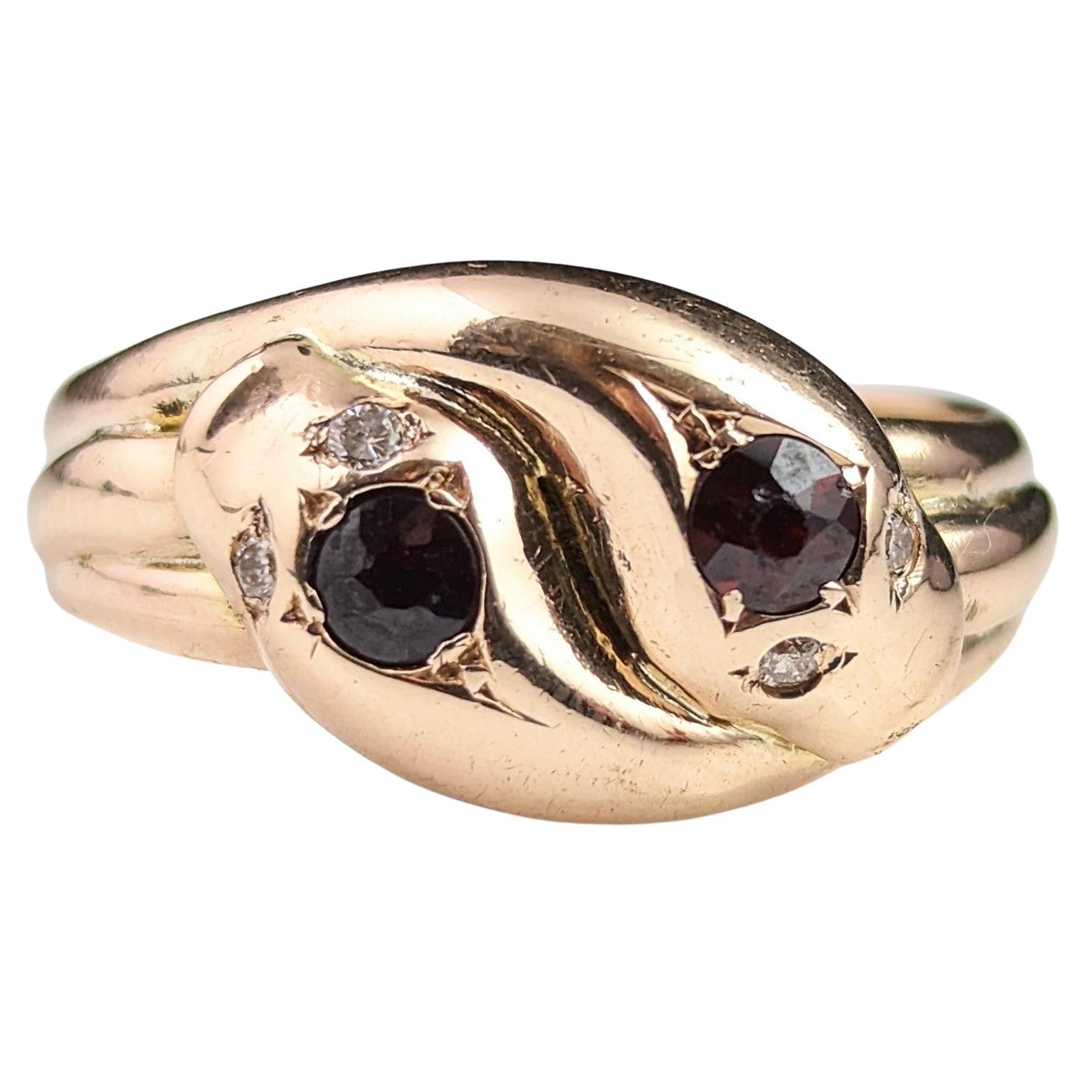 Vintage Art Deco Snake Ring, Garnet and Diamond, 9k Gold