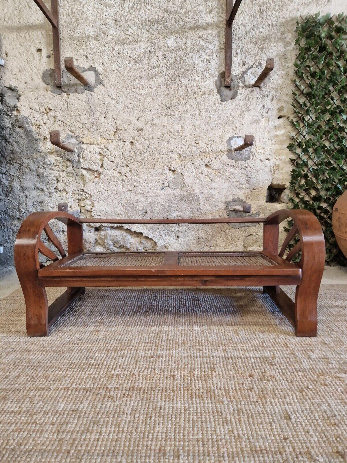 French Art Deco Sofa Colonial Style Cane and Walnut 