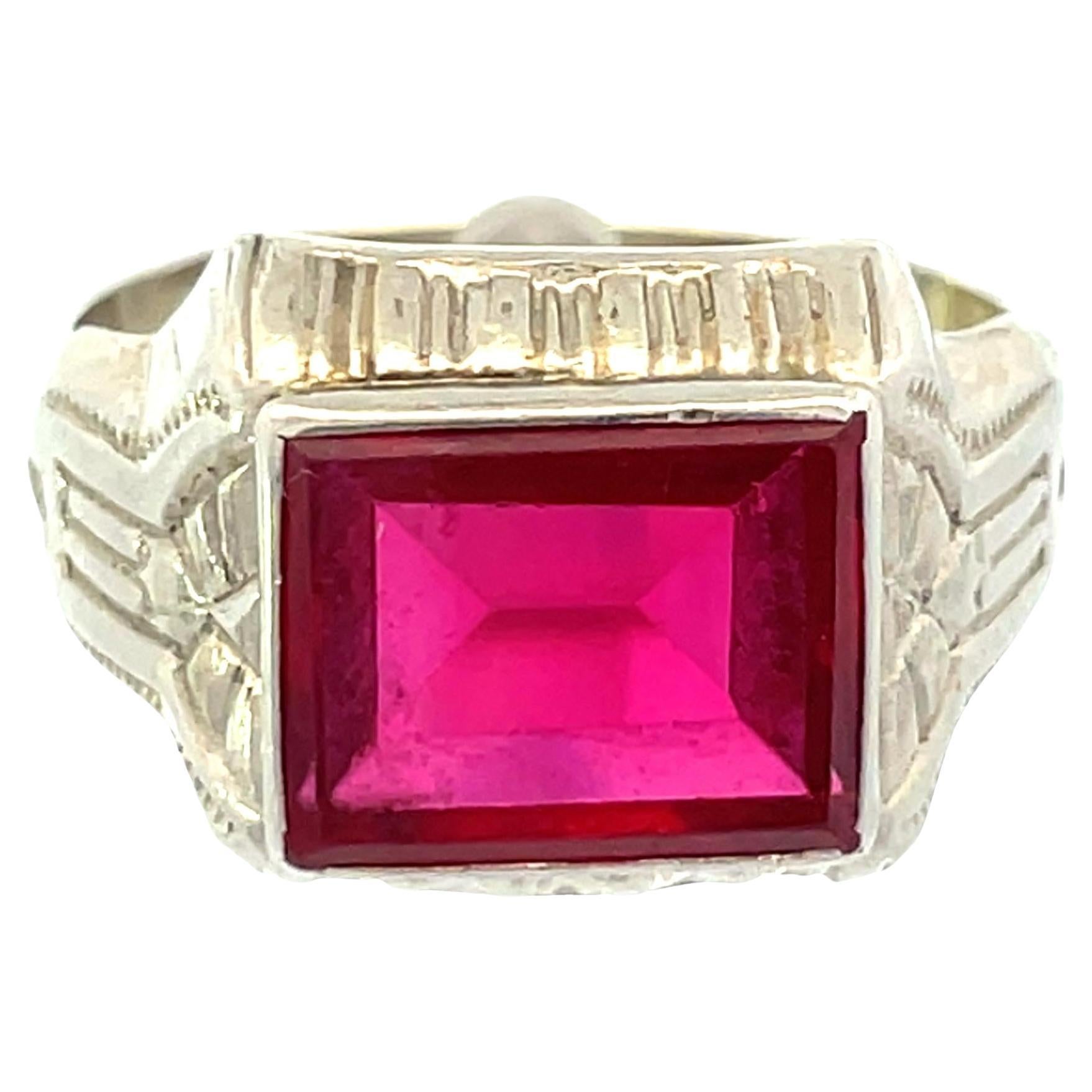 Vintage Art Deco 10K White Gold Red Stone Ring, Size 6.75, Unisex For Sale