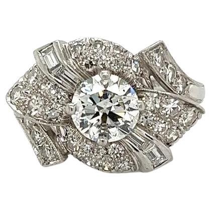 Vintage Art Deco Solitaire 1.20 Carat GIA and Baguette Platinum Diamond Ring For Sale