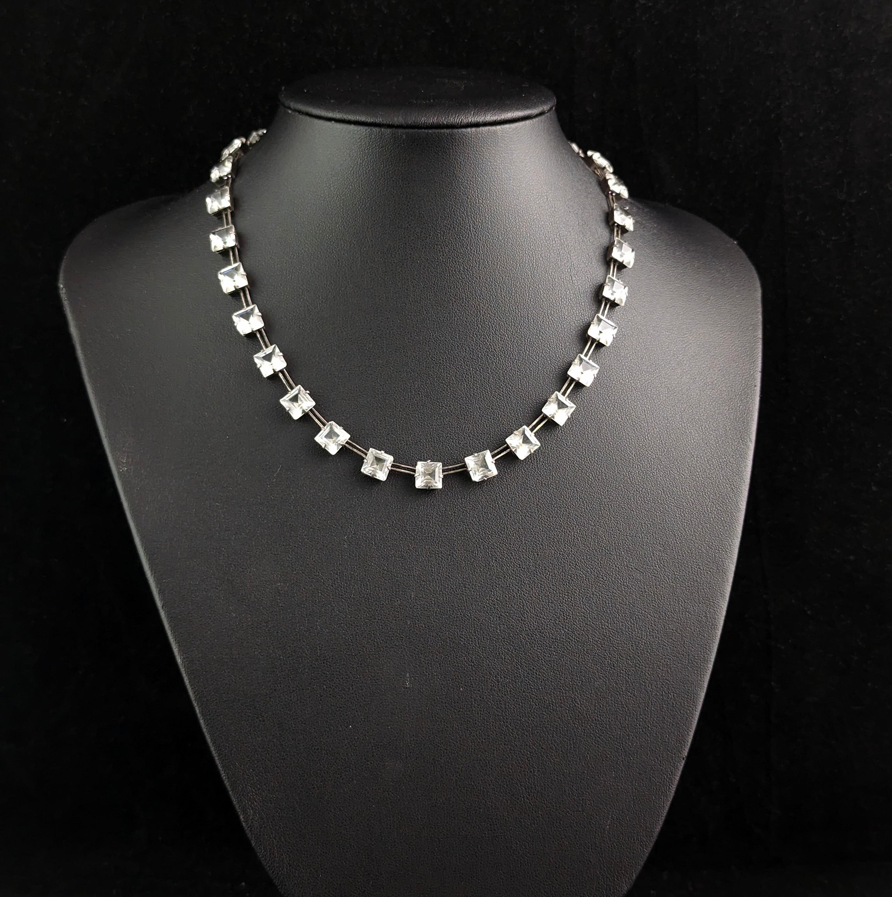 Vintage Art Deco square cut Paste Riviere necklace, Sterling silver 6