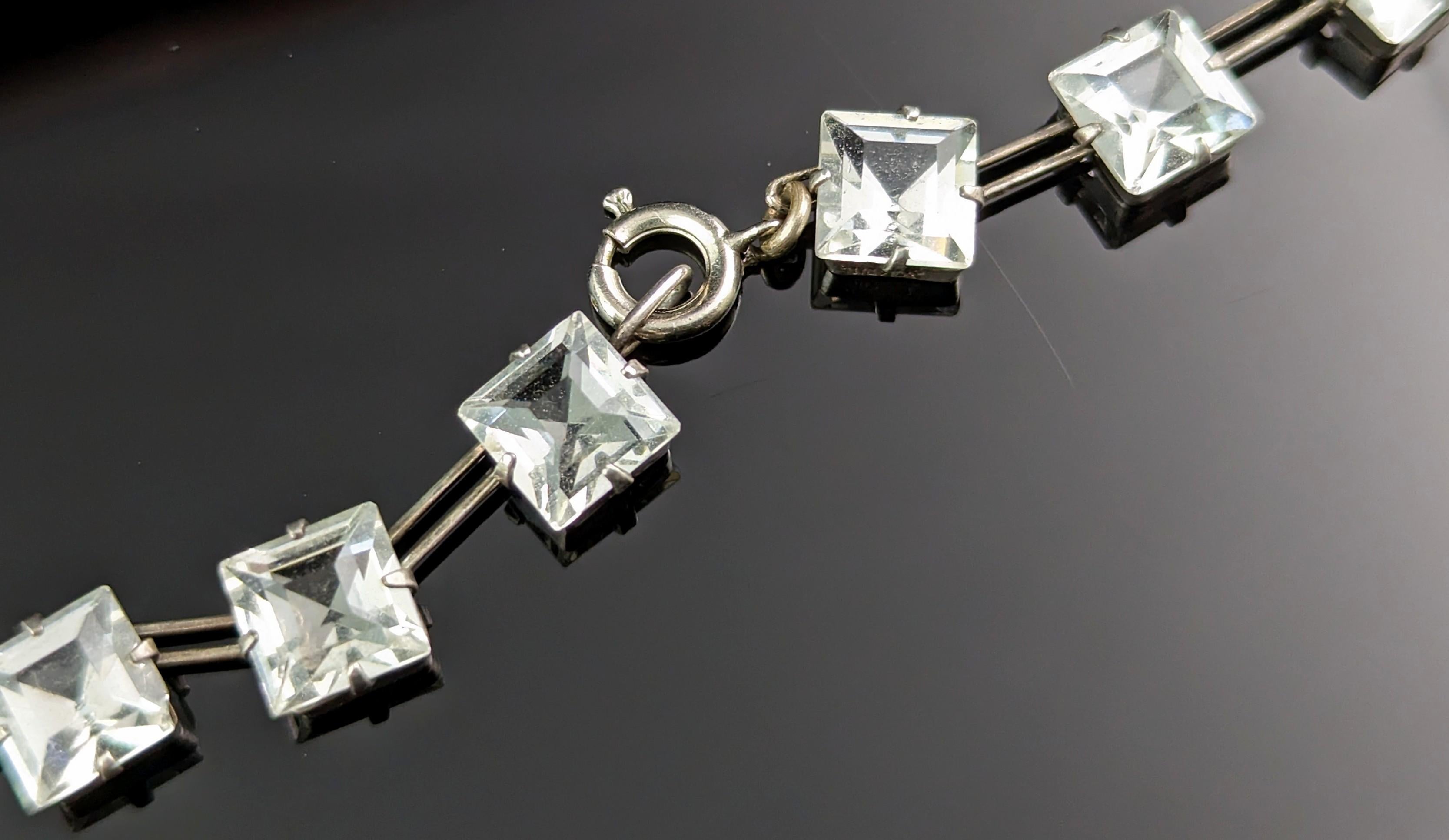 Vintage Art Deco square cut Paste Riviere necklace, Sterling silver  7