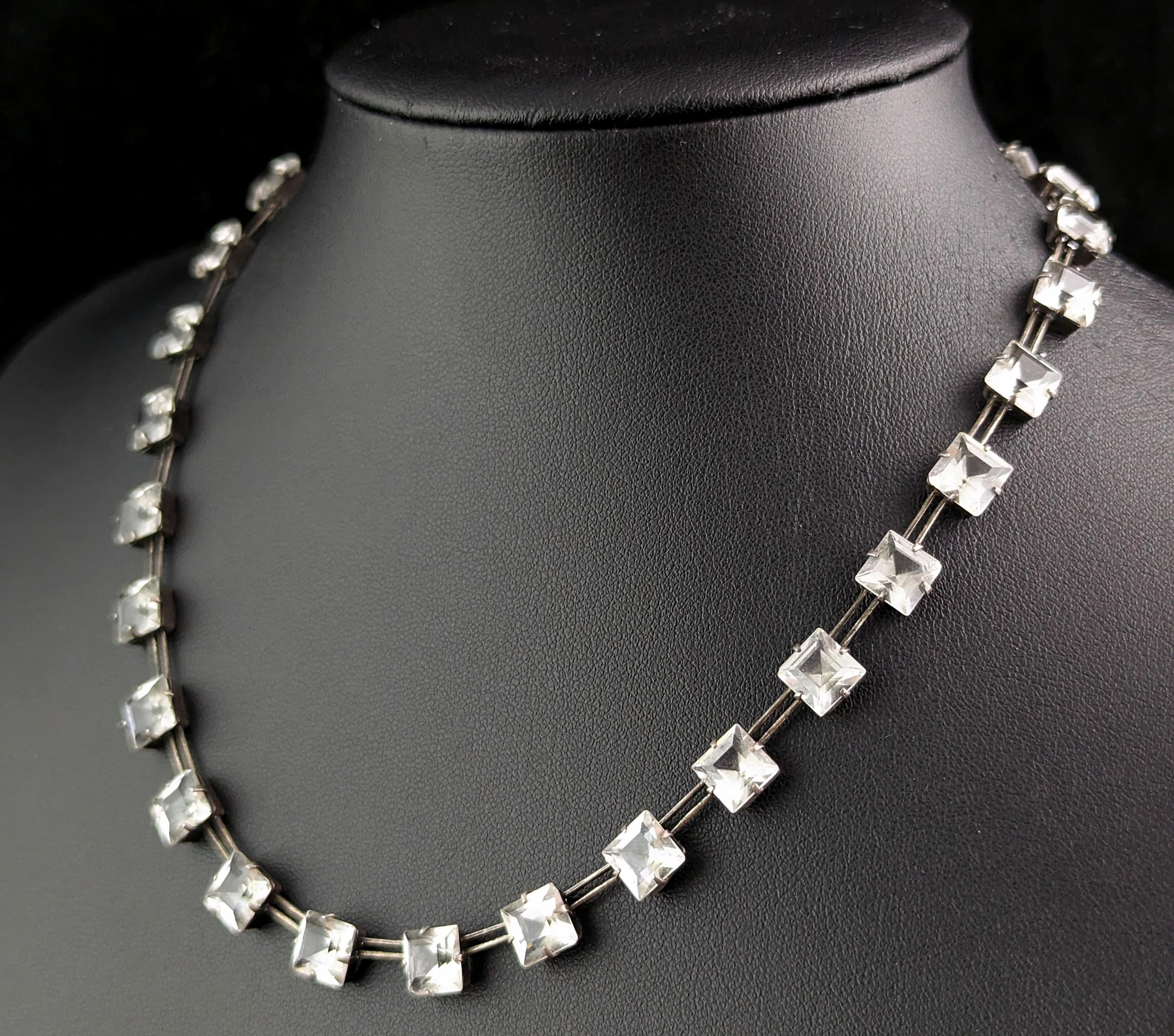 Women's Vintage Art Deco square cut Paste Riviere necklace, Sterling silver 