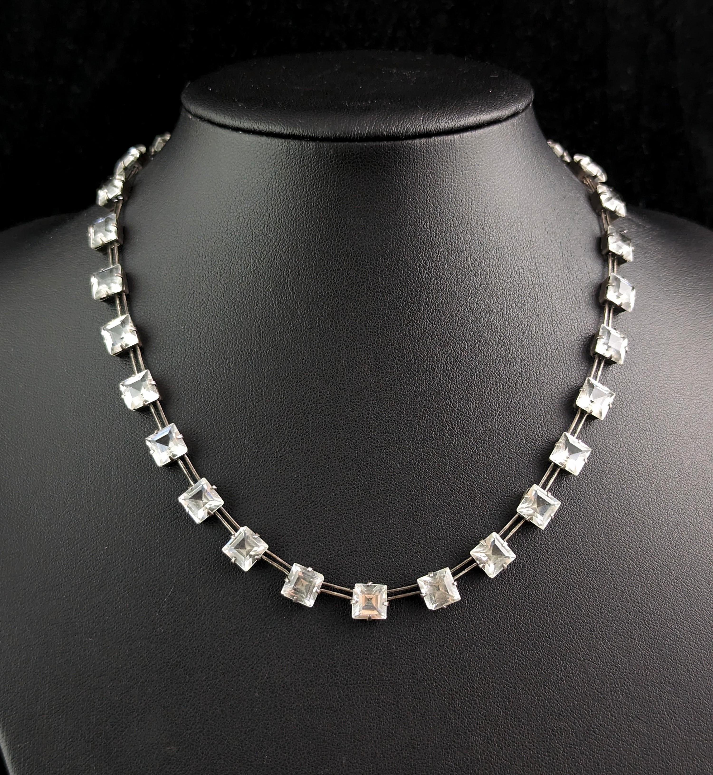 Vintage Art Deco square cut Paste Riviere necklace, Sterling silver  1
