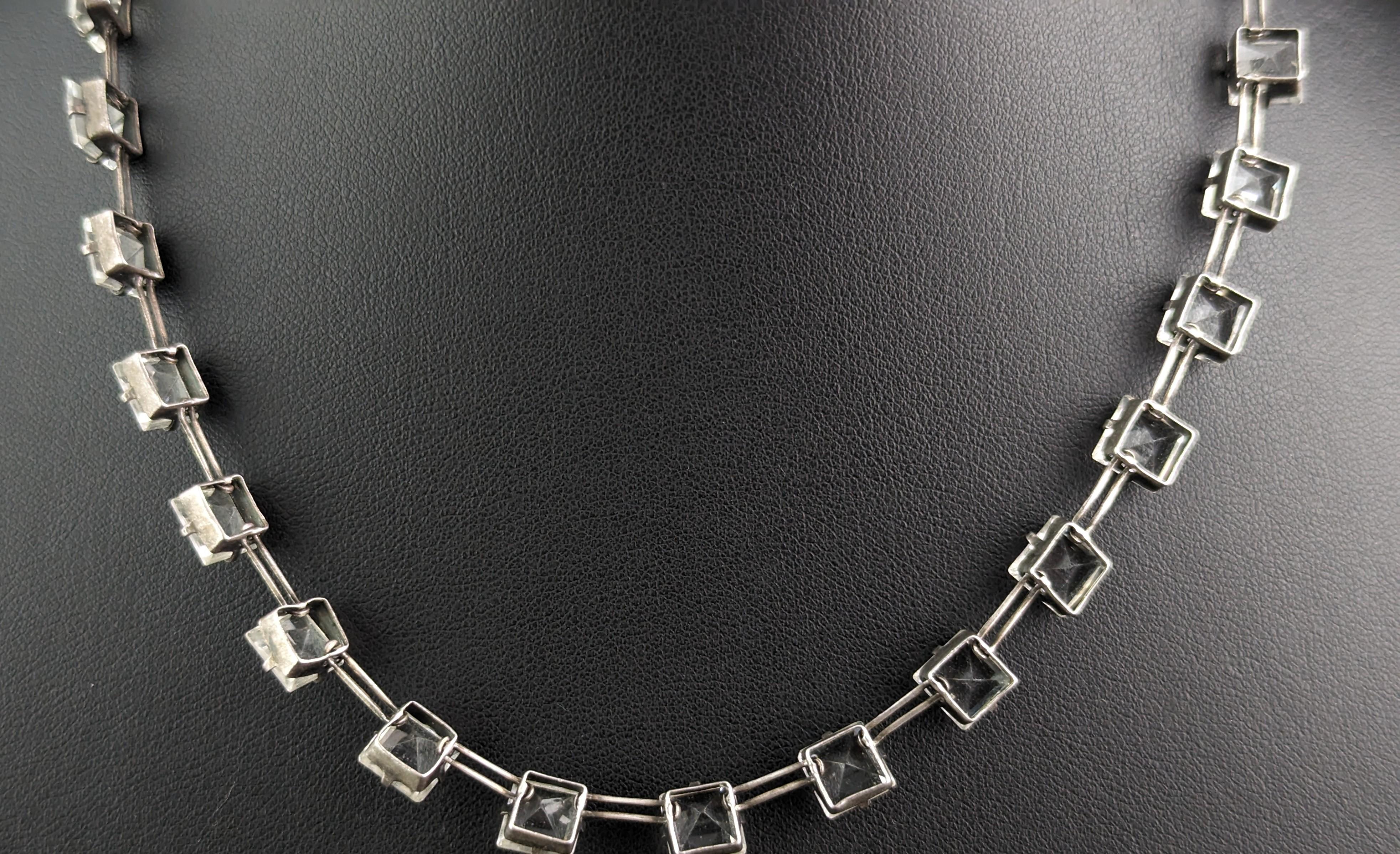 Vintage Art Deco square cut Paste Riviere necklace, Sterling silver  3