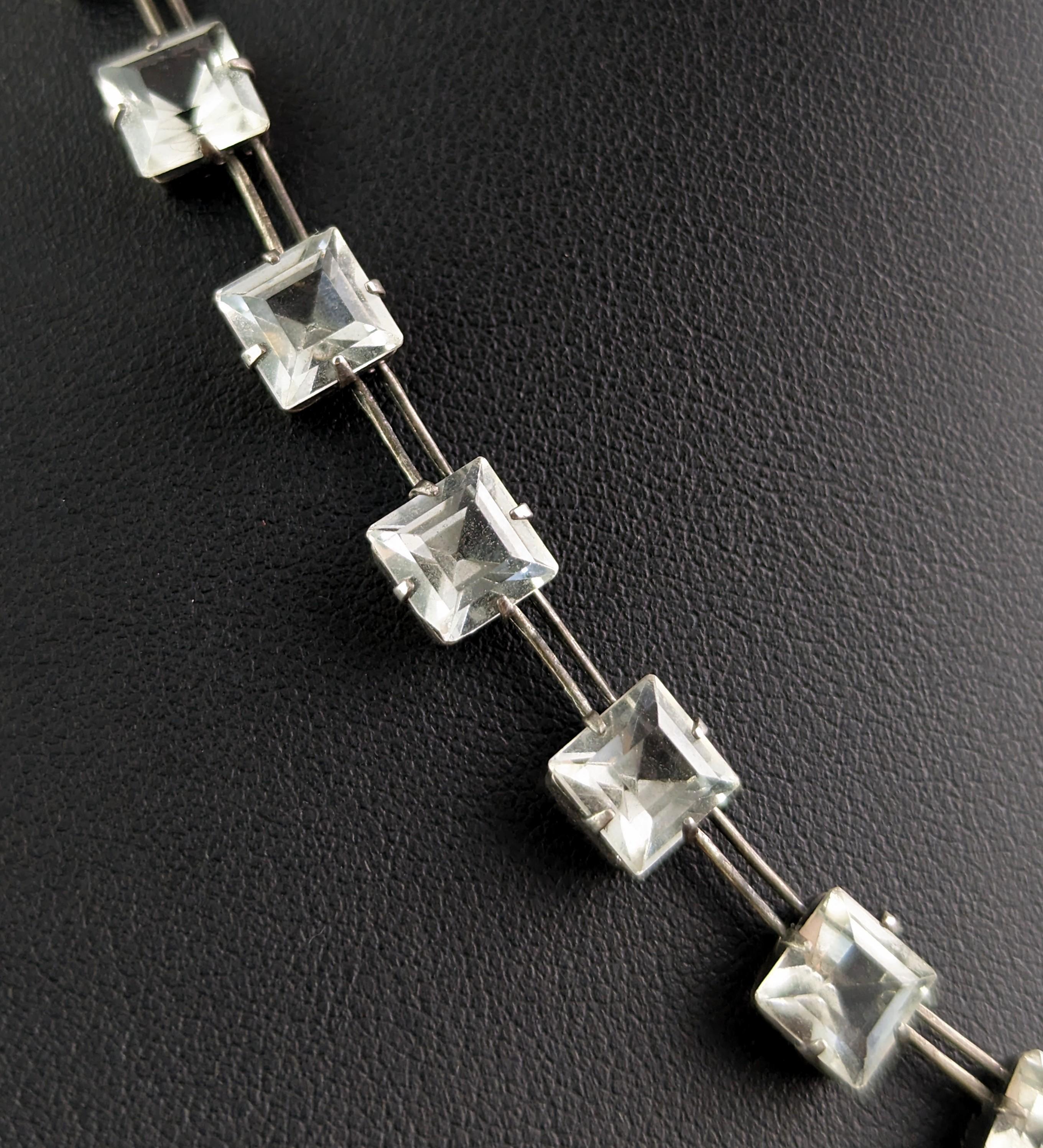 Vintage Art Deco square cut Paste Riviere necklace, Sterling silver  4