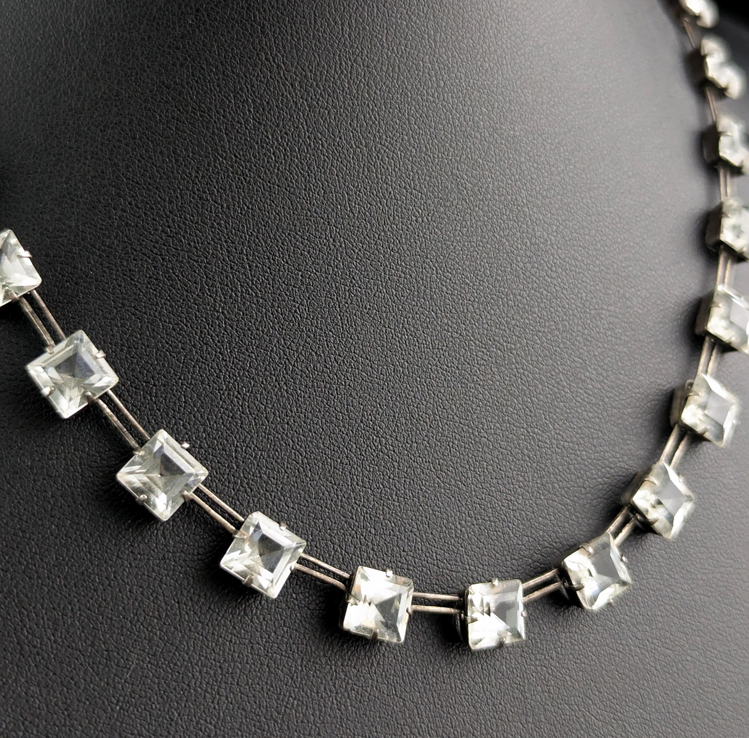 Vintage Art Deco square cut Paste Riviere necklace, Sterling silver  5