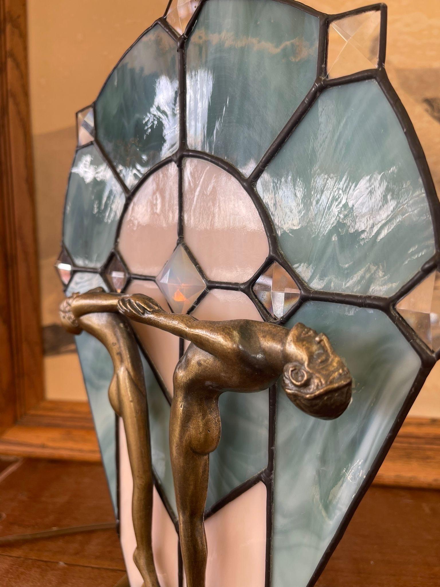 Vintage Art Deco Stained Glass Nude Figurine Blue Lamp  In Good Condition For Sale In Seattle, WA