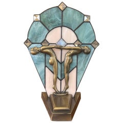 Vintage Art Deco Stained Glass Nude Figurine Blue Lamp