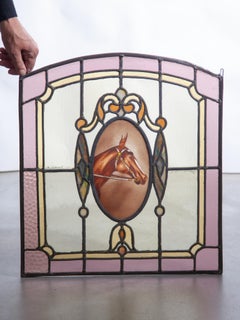 Vintage Art Deco Stained Glass Window Panel – Hand-Painted Horse Medallion