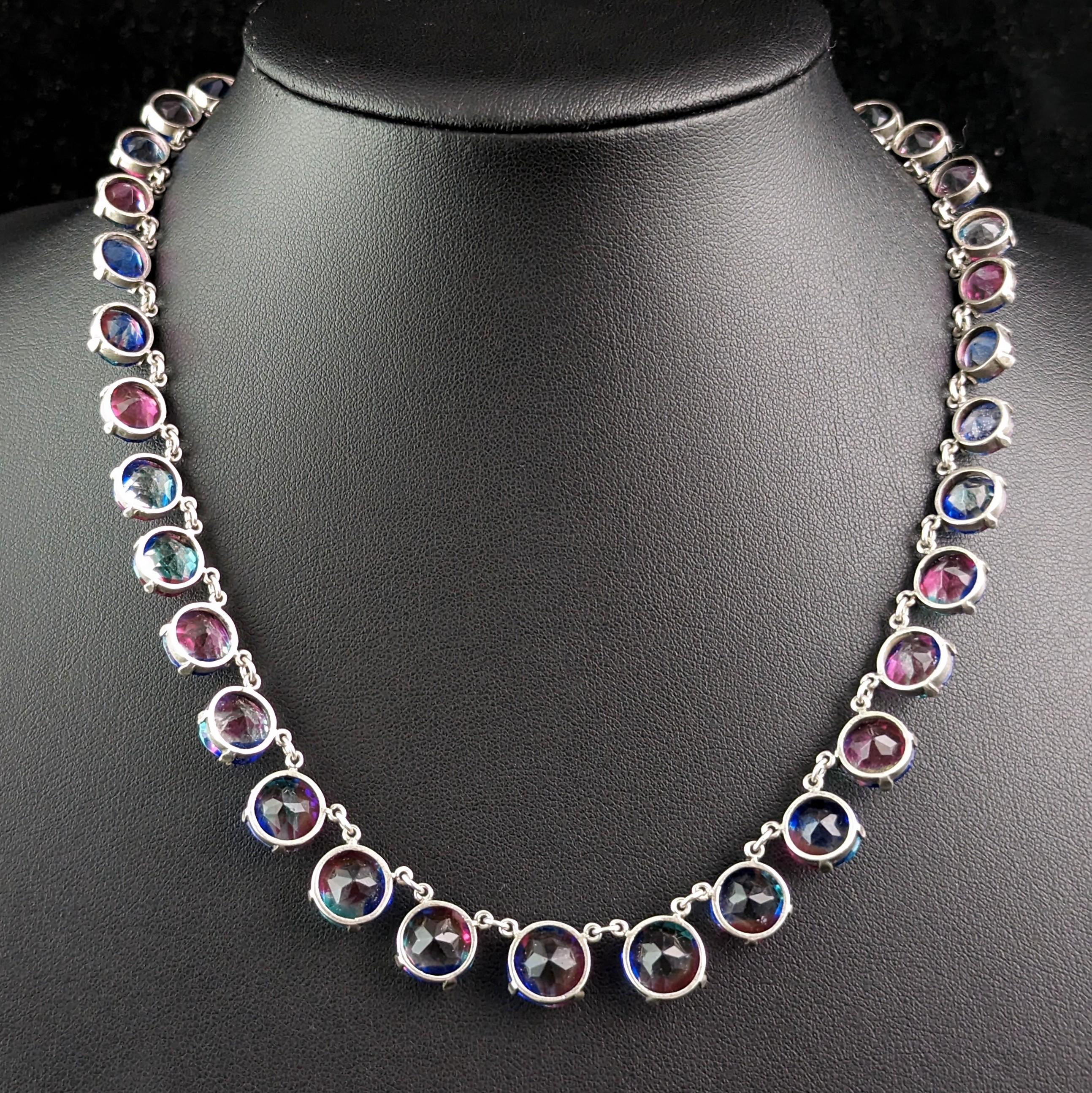 Vintage Art Deco sterling silver and Iris glass riviere necklace  5