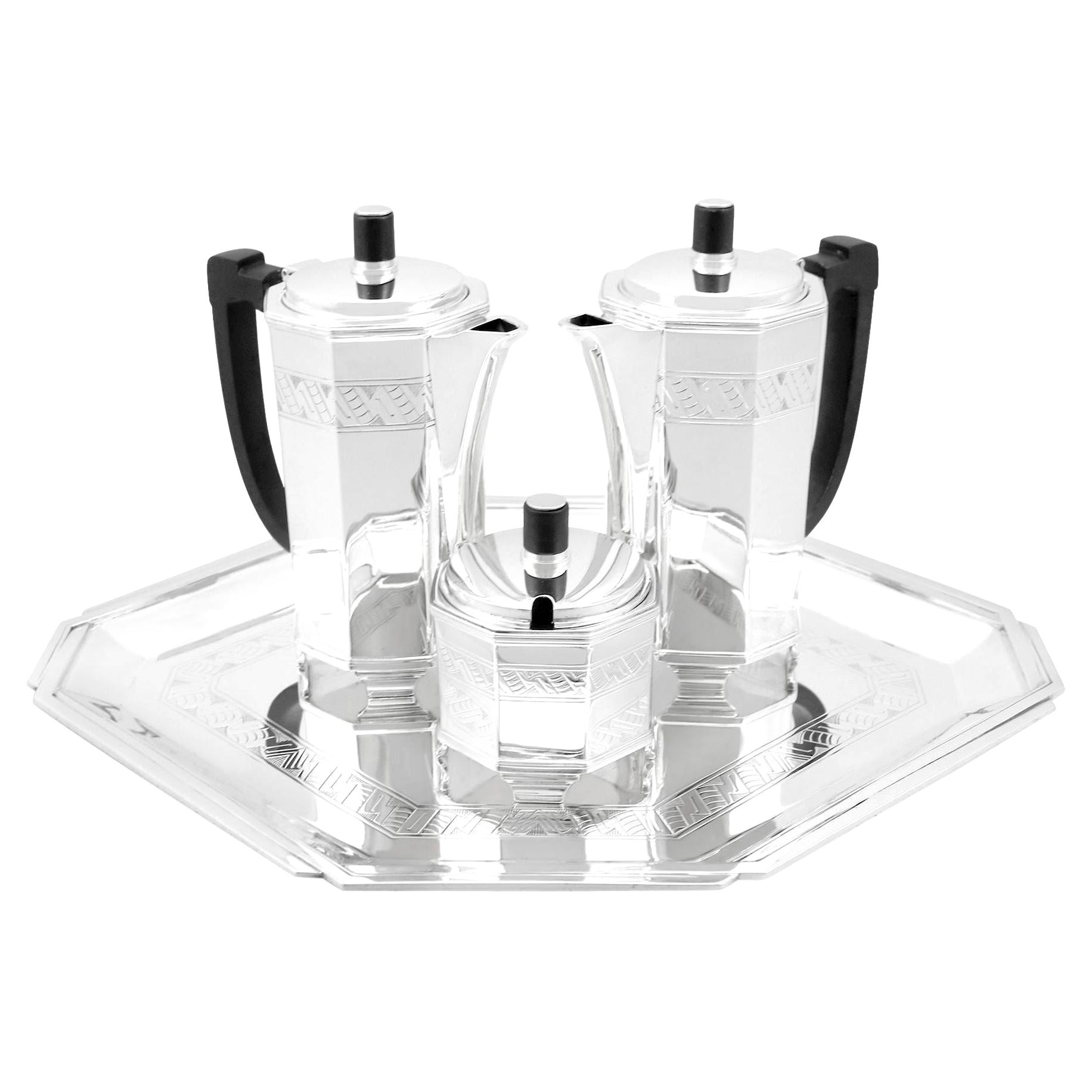 Vintage Art Deco Sterlingsilber Cafe Au Lait-Set mit Tablett, Art déco im Angebot