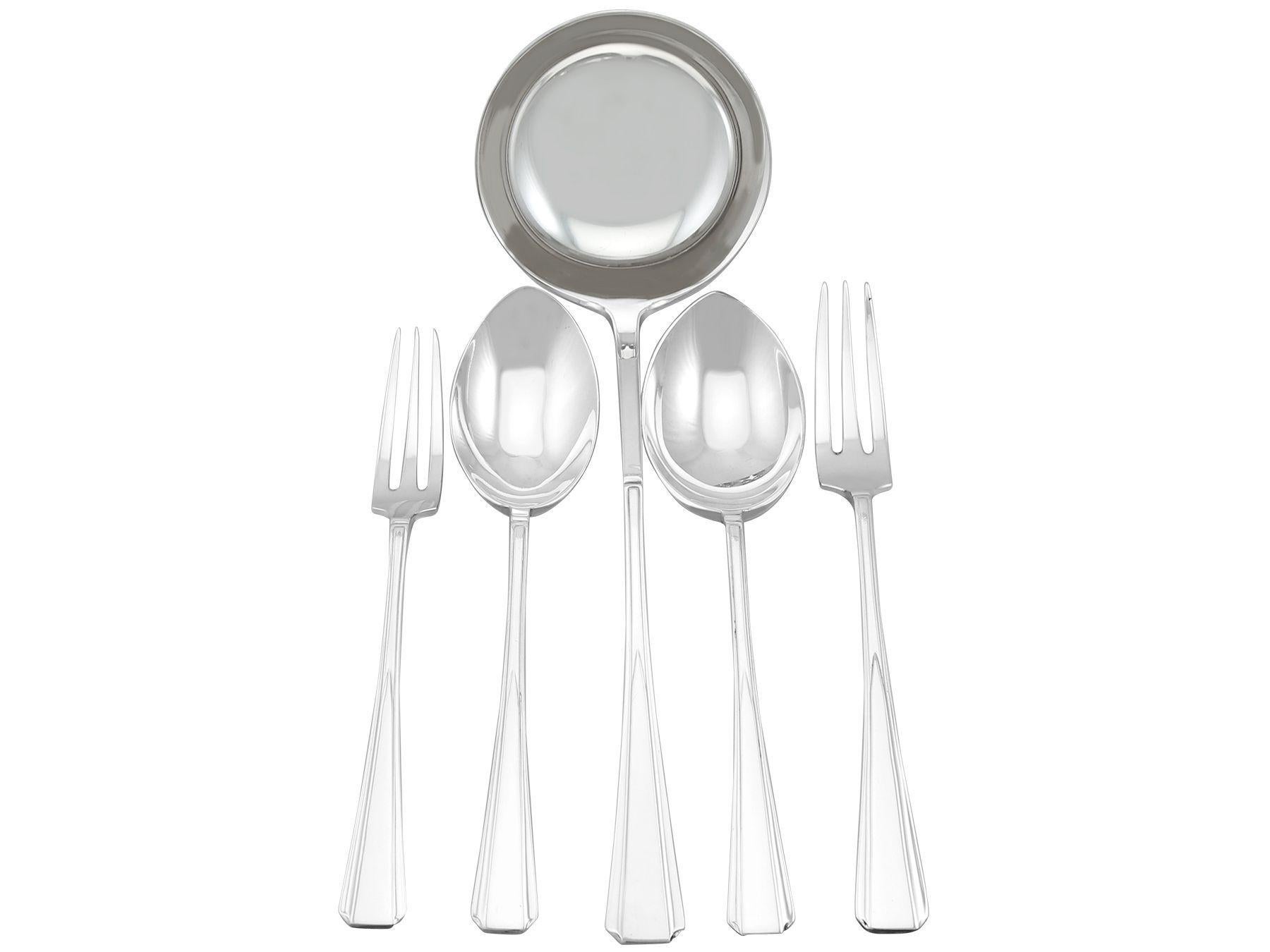 An exceptional, fine and impressive vintage sterling silver Plain Pine pattern flatware service for twelve persons, in the Art Deco style; an addition to our canteen of cutlery collection.

The pieces of this exceptional vintage George VI silver