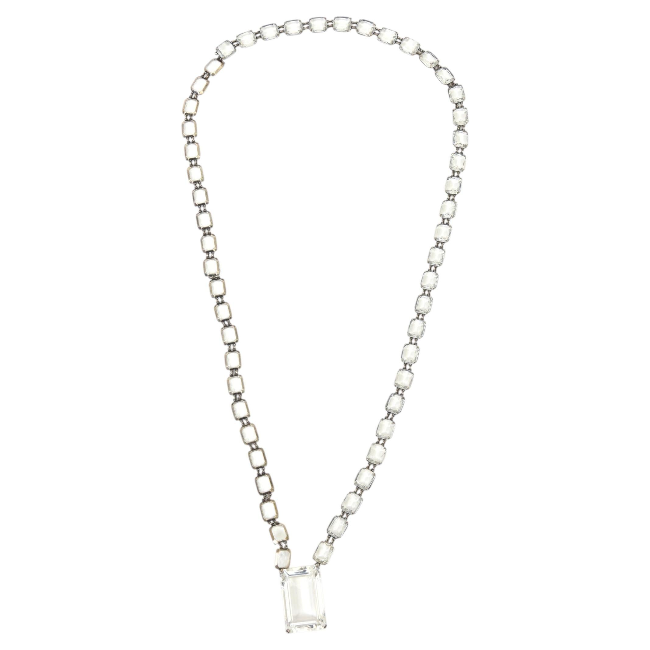 Collana lunga vintage in argento sterling stile Art Déco, con cristalli sfaccettati e maglie Link pendenti