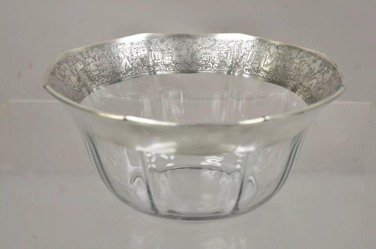 Vintage Art Deco Sterling Silver Overlay Figural Dutch Country Scenes Glass Bowl (ciotola in vetro) in vendita 1