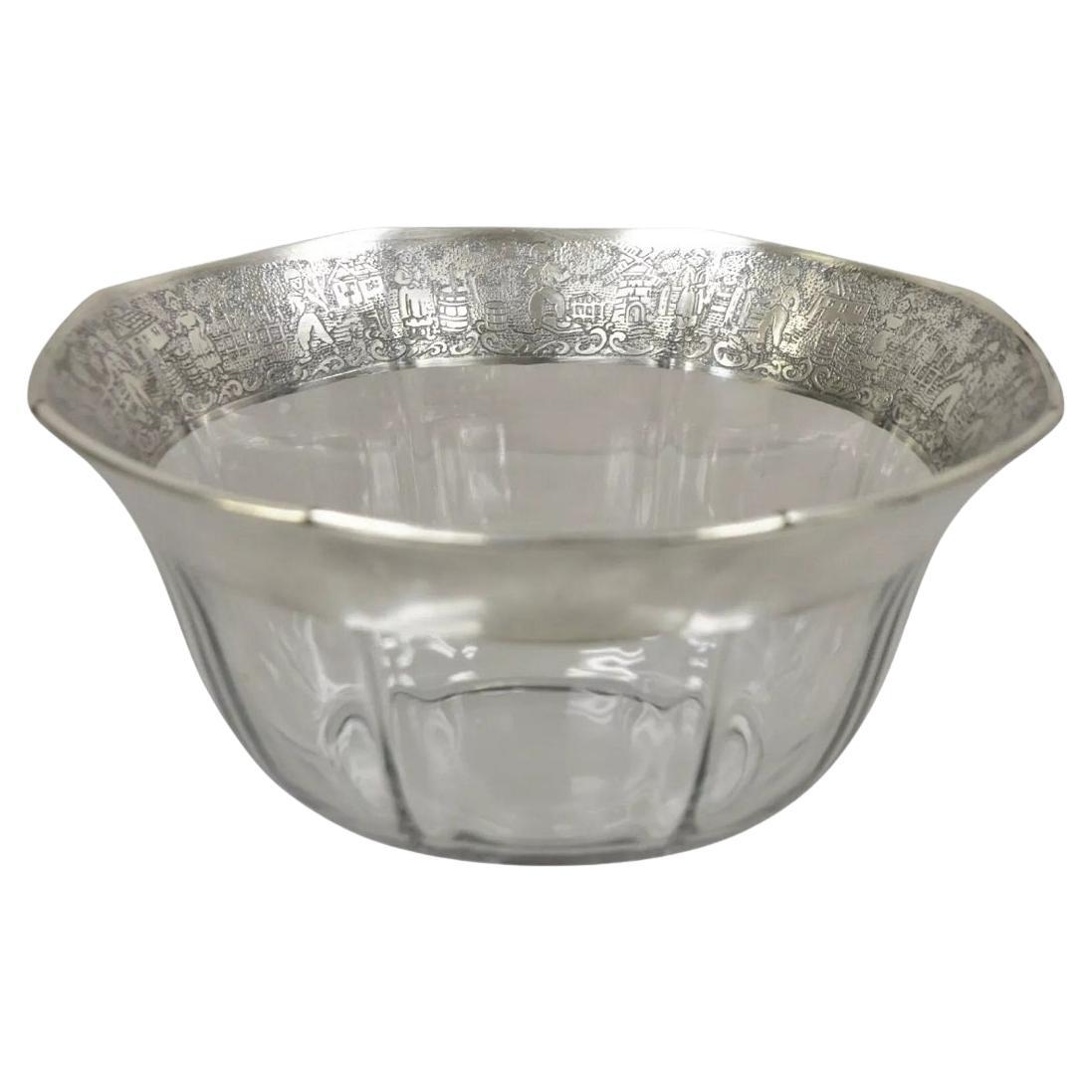 Vintage Art Deco Sterling Silver Overlay Figural Dutch Country Scenes Glass Bowl (ciotola in vetro) in vendita