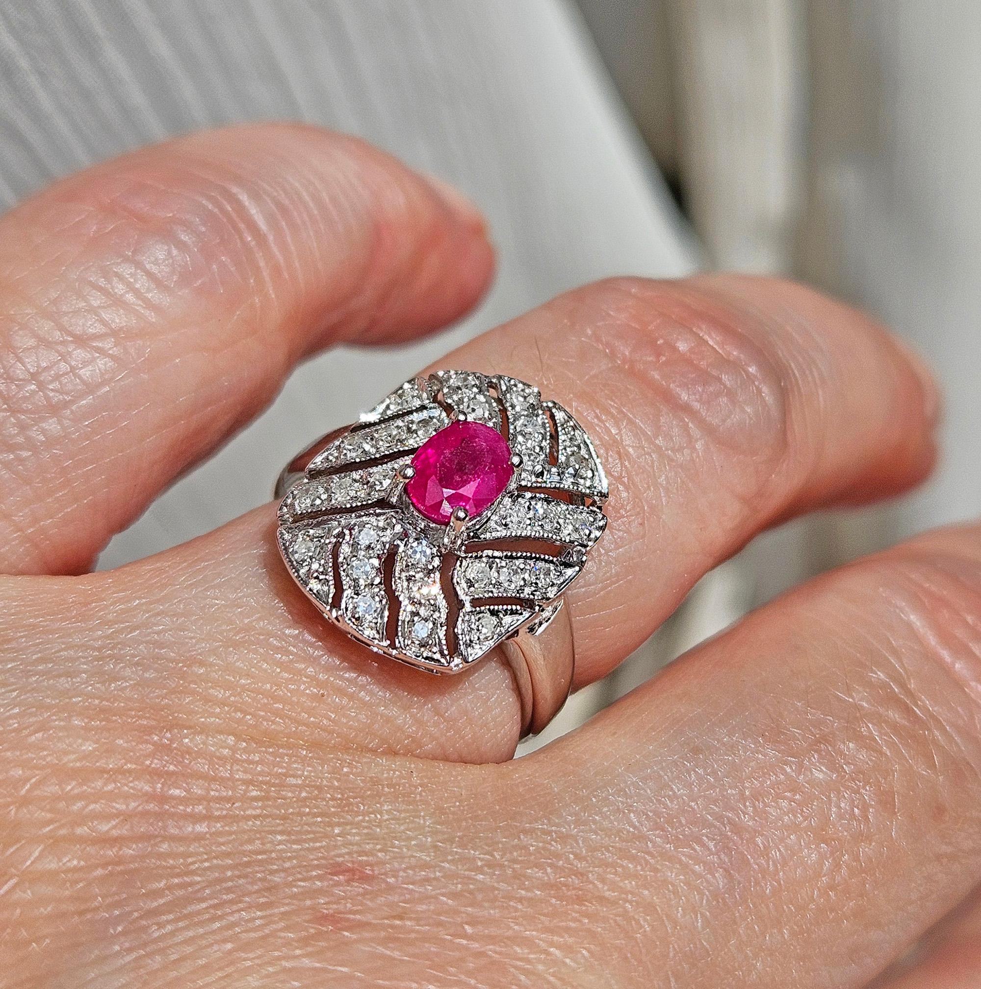Vintage Art Deco Style 0.75Carat Oval Ruby and Diamond 14k White Gold  Ring For Sale 6