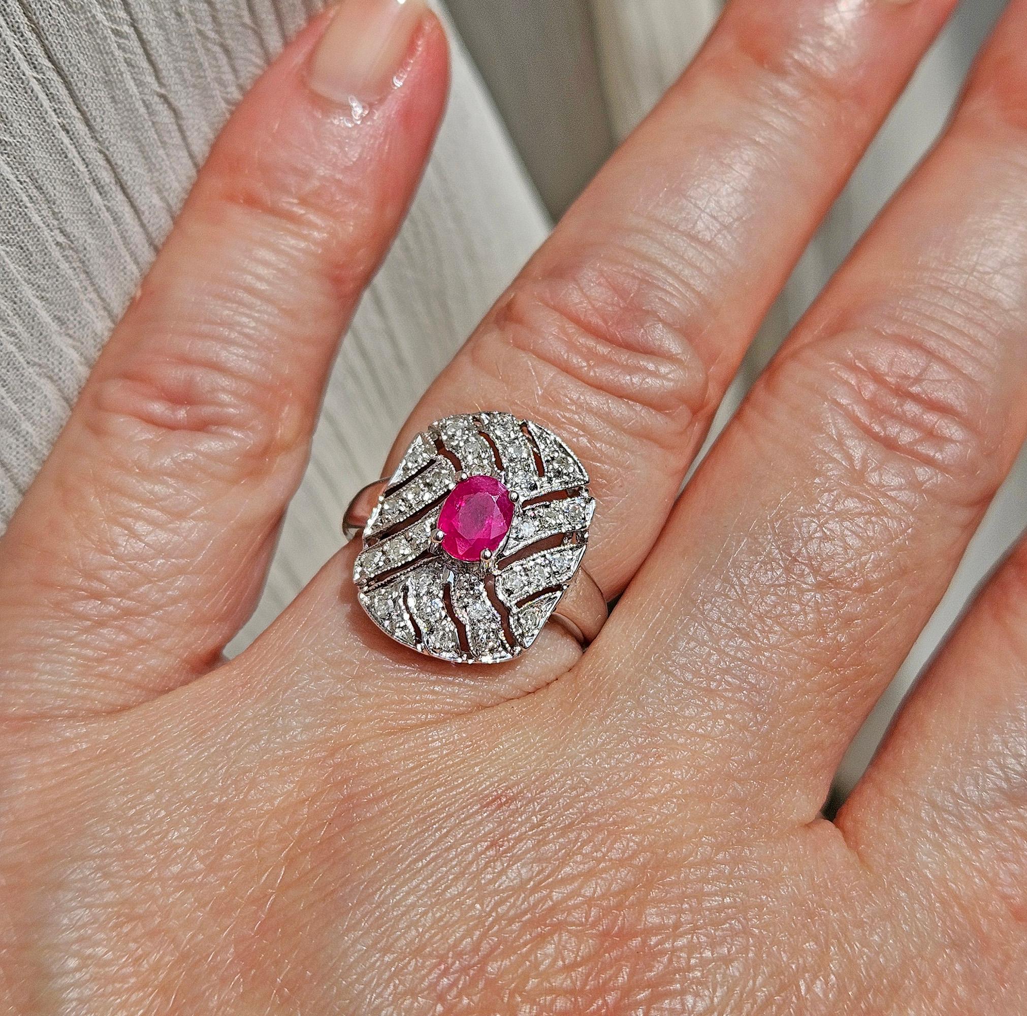 Vintage Art Deco Style 0.75Carat Oval Ruby and Diamond 14k White Gold  Ring For Sale 7