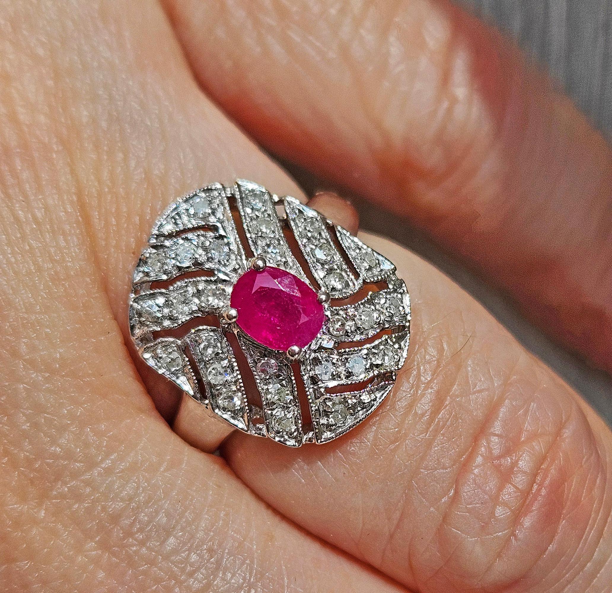 Vintage Art Deco Style 0.75Carat Oval Ruby and Diamond 14k White Gold  Ring For Sale 8