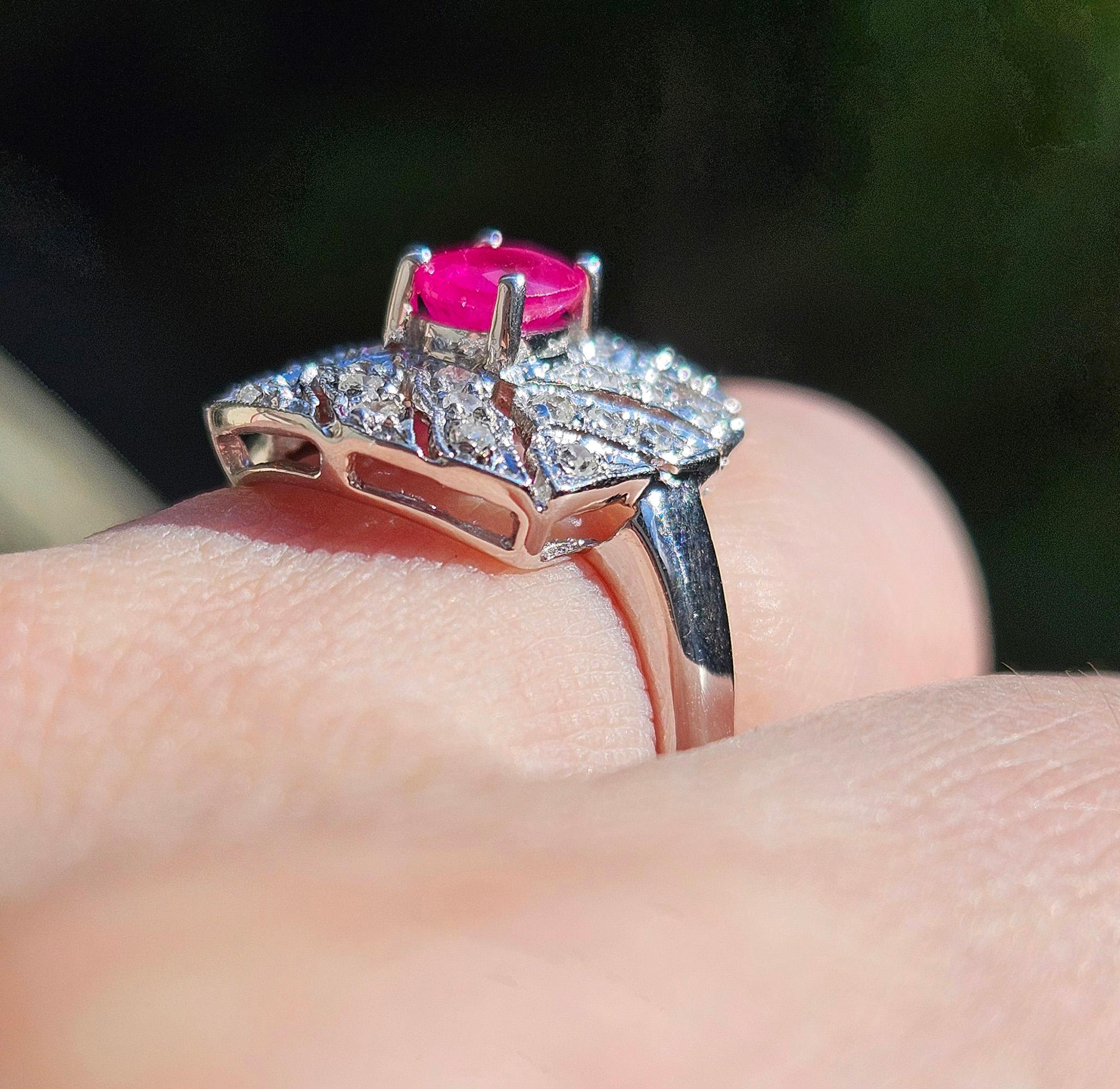 Vintage Art Deco Style 0.75Carat Oval Ruby and Diamond 14k White Gold  Ring For Sale 9