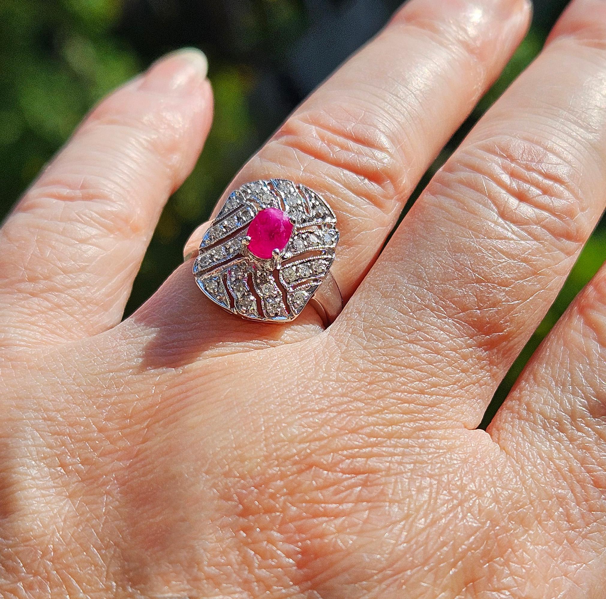 Vintage Art Deco Style 0.75Carat Oval Ruby and Diamond 14k White Gold  Ring For Sale 11
