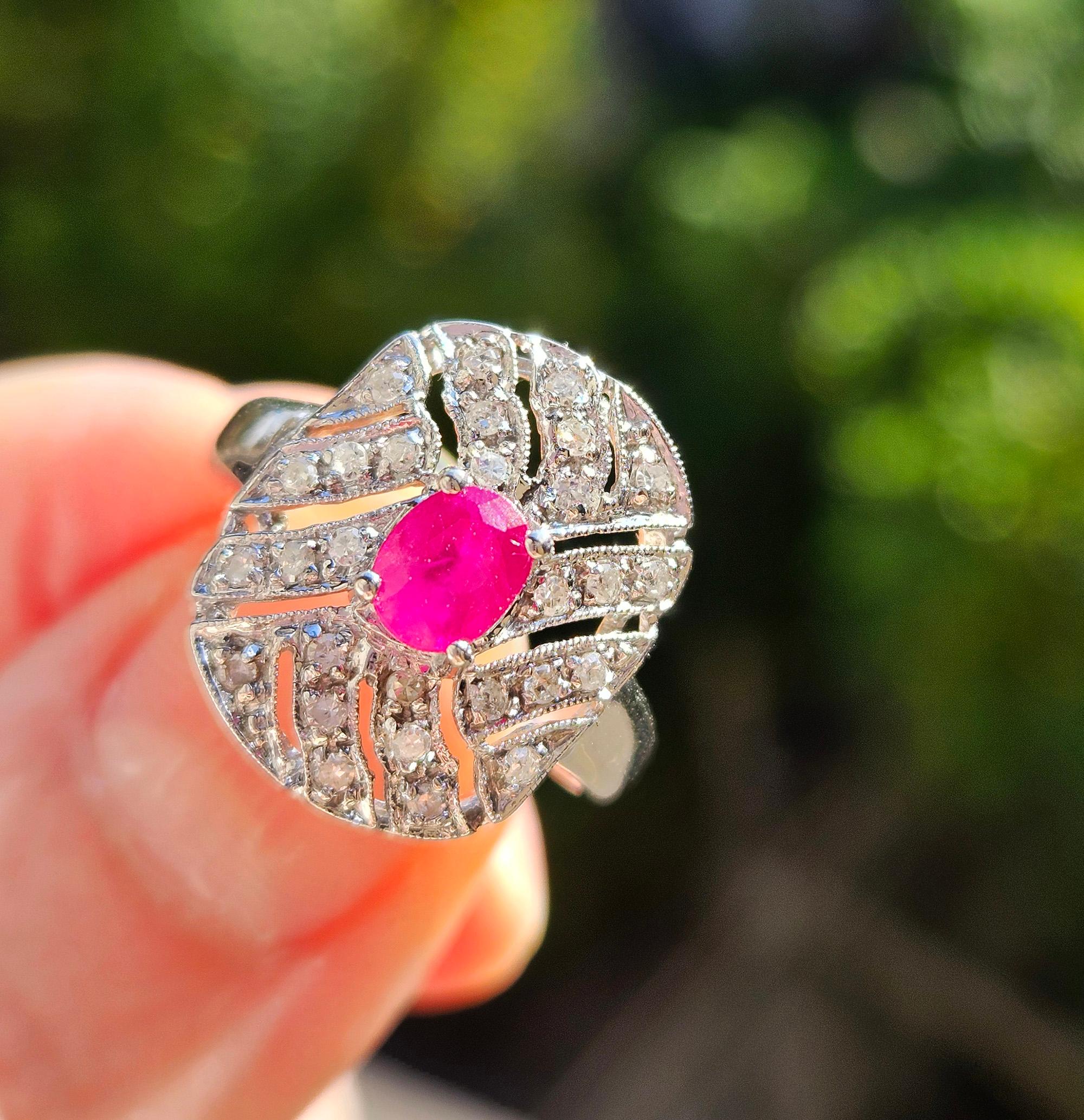 Vintage Art Deco Style 0.75Carat Oval Ruby and Diamond 14k White Gold  Ring For Sale 13