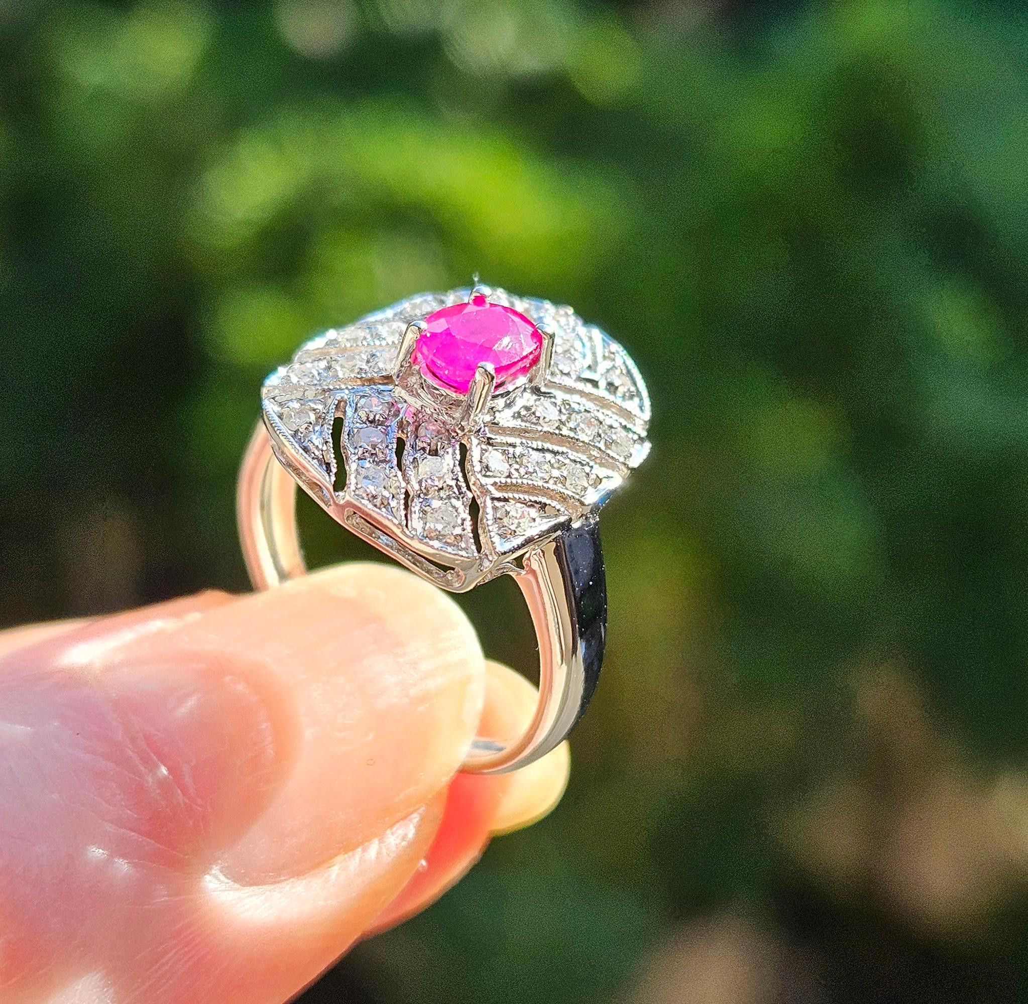Vintage Art Deco Style 0.75Carat Oval Ruby and Diamond 14k White Gold  Ring For Sale 14