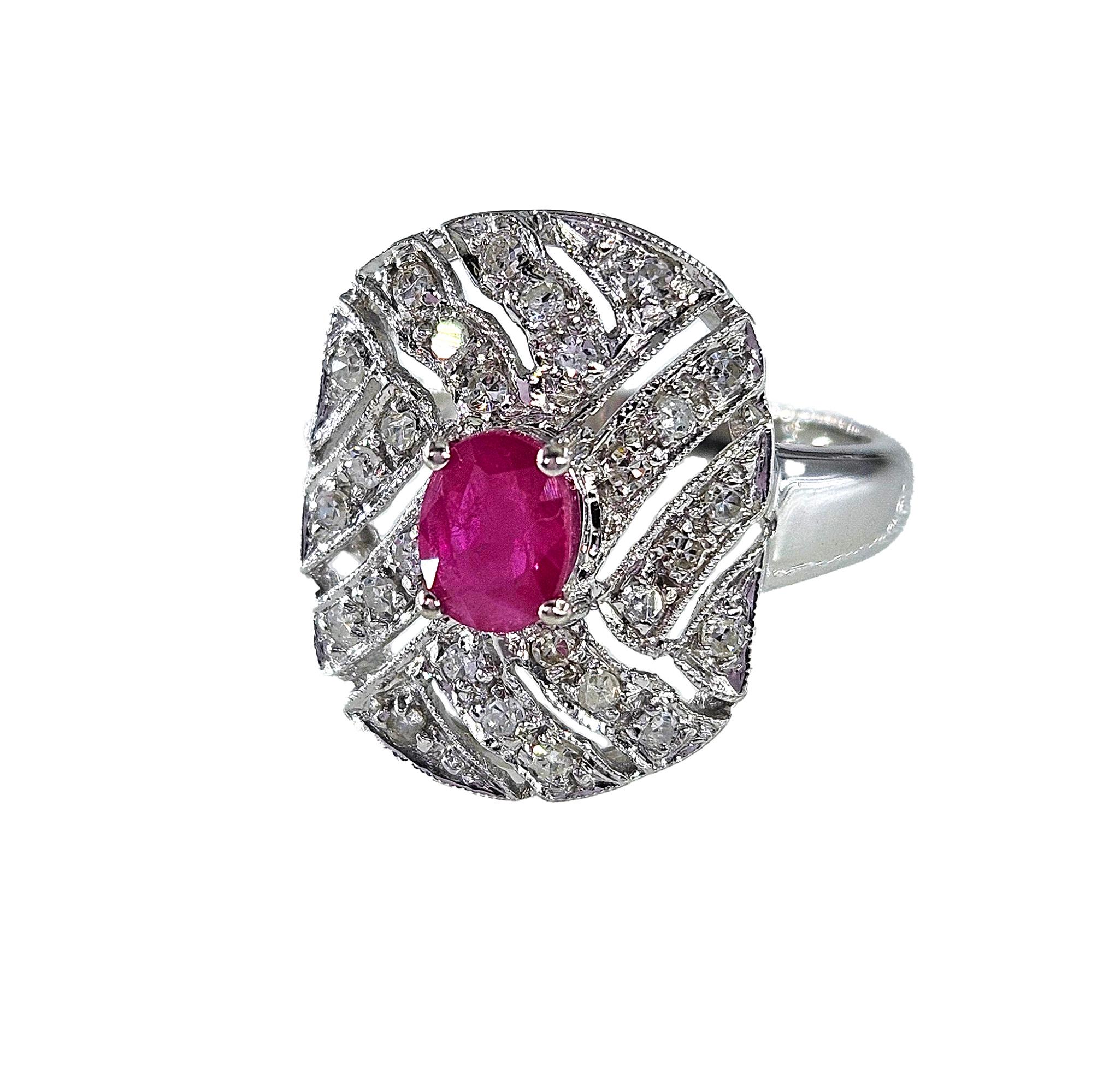 Oval Cut Vintage Art Deco Style 0.75Carat Oval Ruby and Diamond 14k White Gold  Ring For Sale