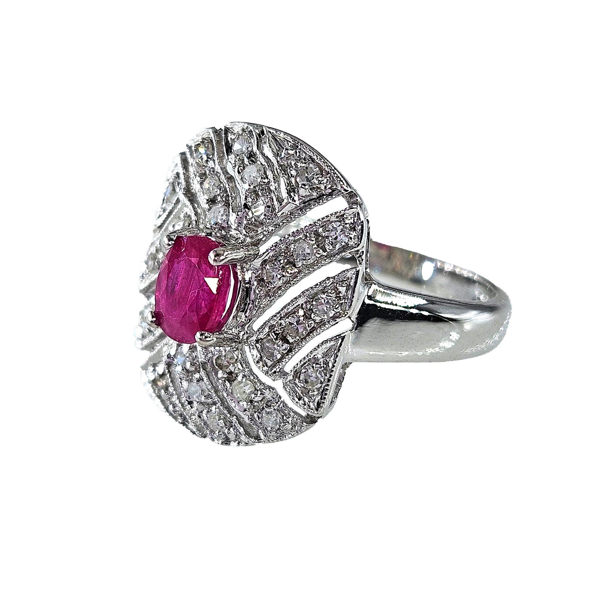 Vintage Art Deco Style 0.75Carat Oval Ruby and Diamond 14k White Gold  Ring In Good Condition For Sale In New York, NY