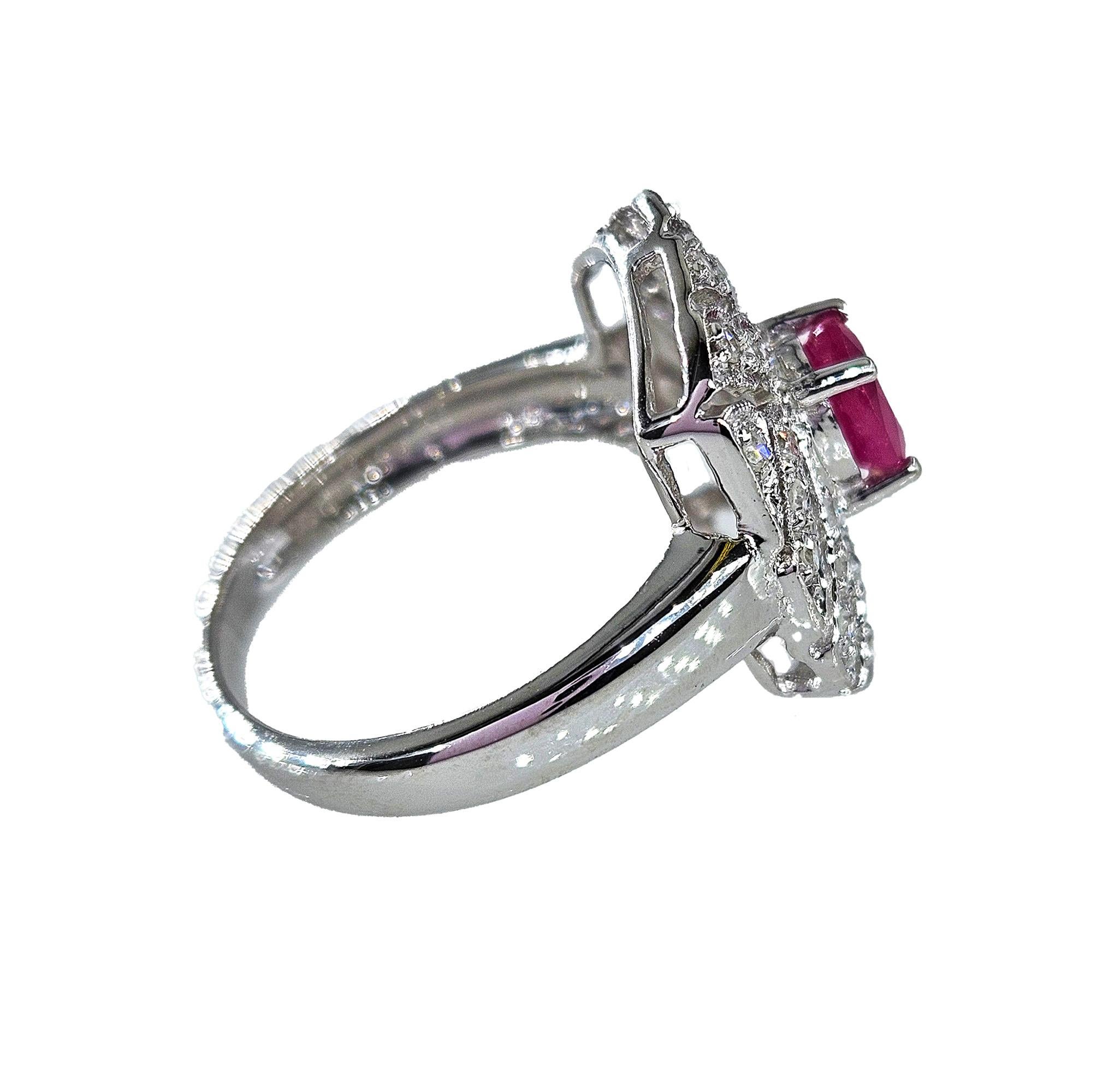 Vintage Art Deco Style 0.75Carat Oval Ruby and Diamond 14k White Gold  Ring For Sale 1