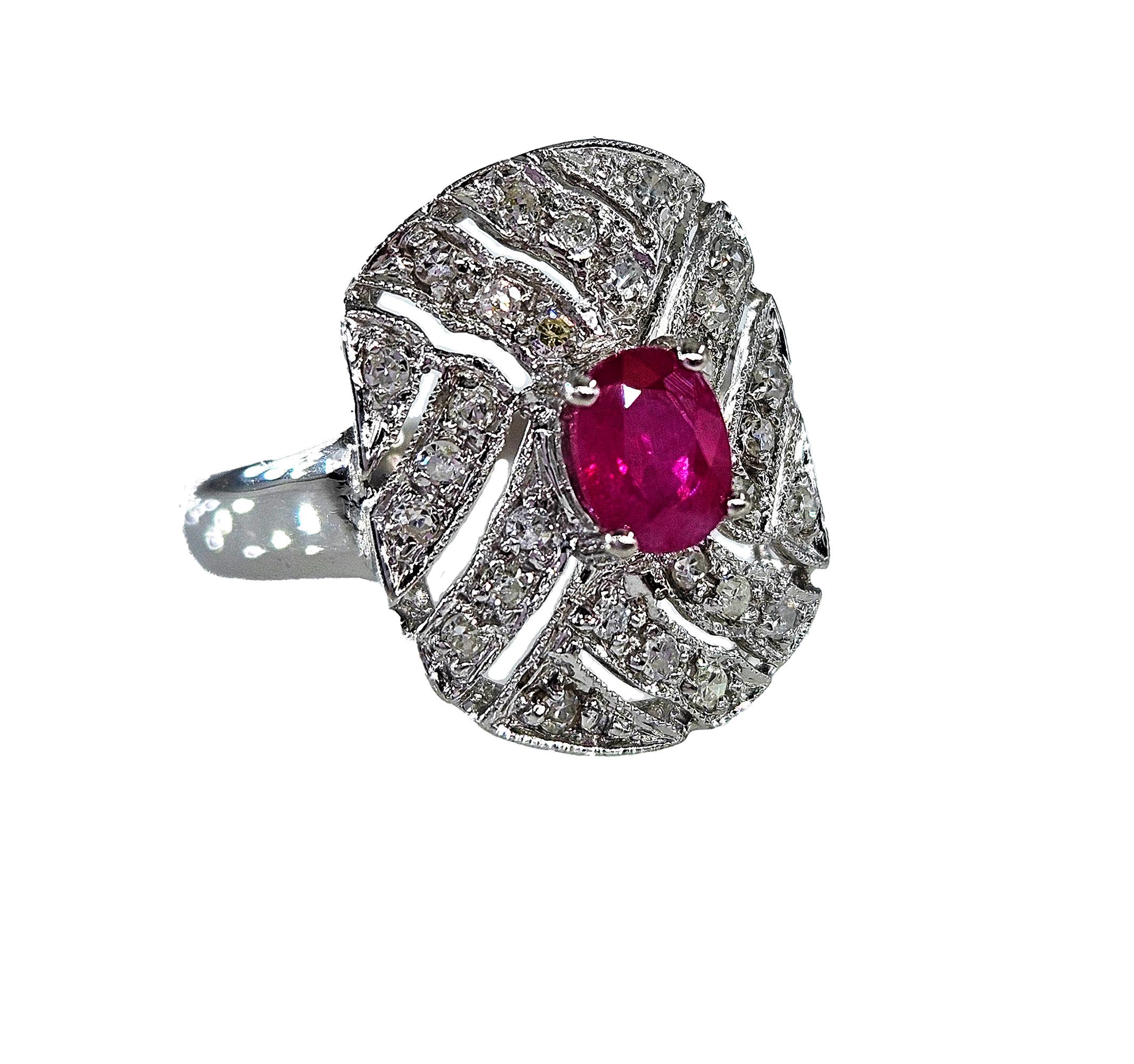Vintage Art Deco Style 0.75Carat Oval Ruby and Diamond 14k White Gold  Ring For Sale 2