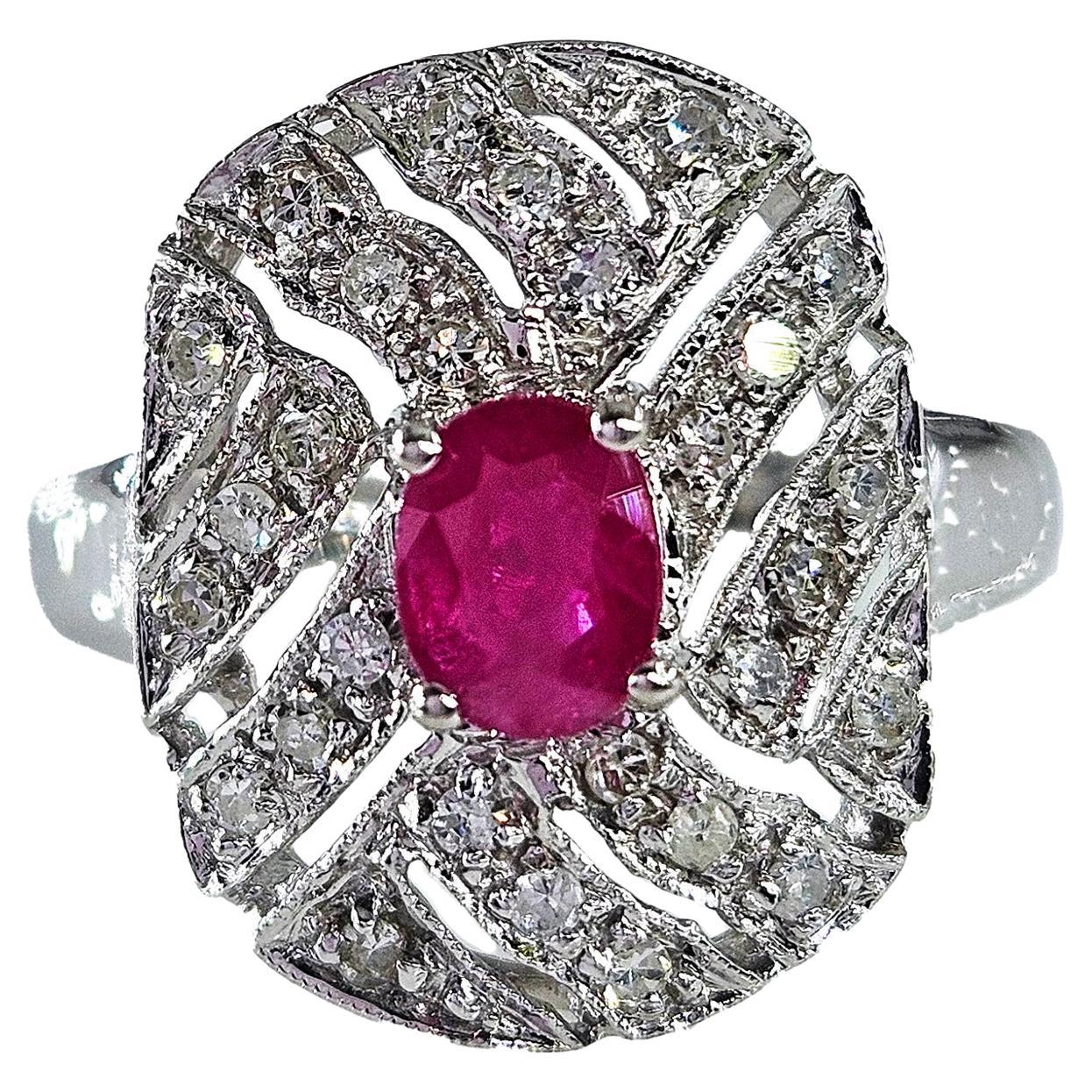Vintage Art Deco Style 0.75Carat Oval Ruby and Diamond 14k White Gold  Ring For Sale