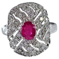Vintage Art Deco Style 0.75Carat Oval Ruby and Diamond 14k White Gold  Ring