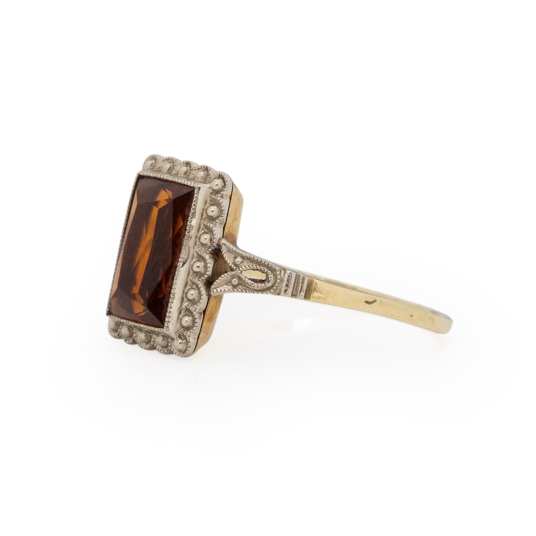 Vintage Art Deco Style 14K Two Tone Emerald Cut Citrine Fashion Ring In Good Condition In Addison, TX