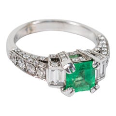 Vintage Art Deco Style 14k White Gold Green Emerald & Diamond Engagement Ring