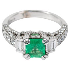 Vintage Art Deco Style 14k White Gold Green Emerald & Diamond Engagement Ring