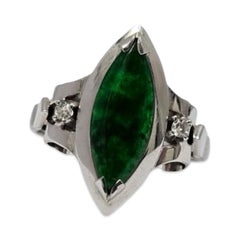 Vintage Art Deco-Style 14K White Gold Marquise Jade Ring with Diamond Accents