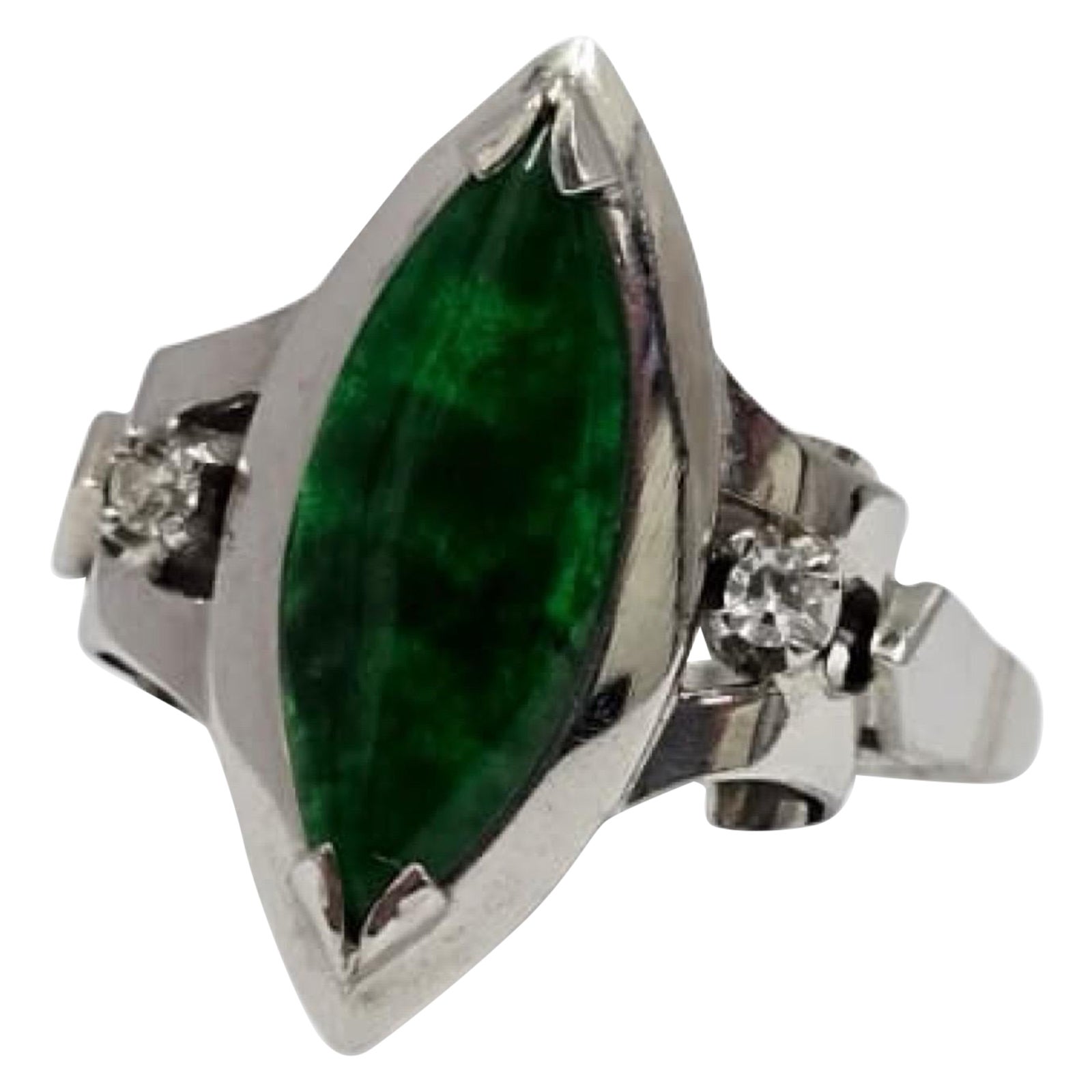 Vintage Art Deco-Style 14K White Gold Marquise Jade Ring with Diamond Accents