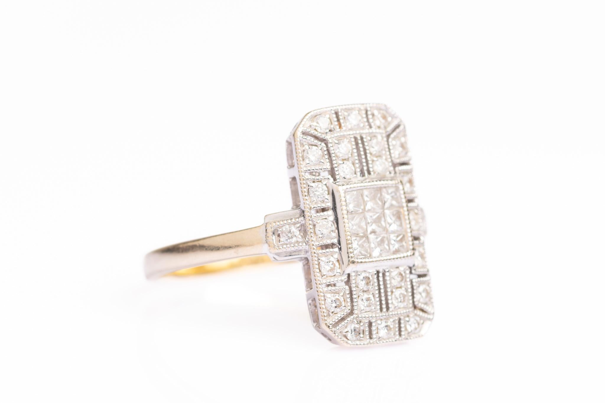 Princess Cut Vintage Art Deco Style 18ct Gold Diamond Plaque Ring For Sale