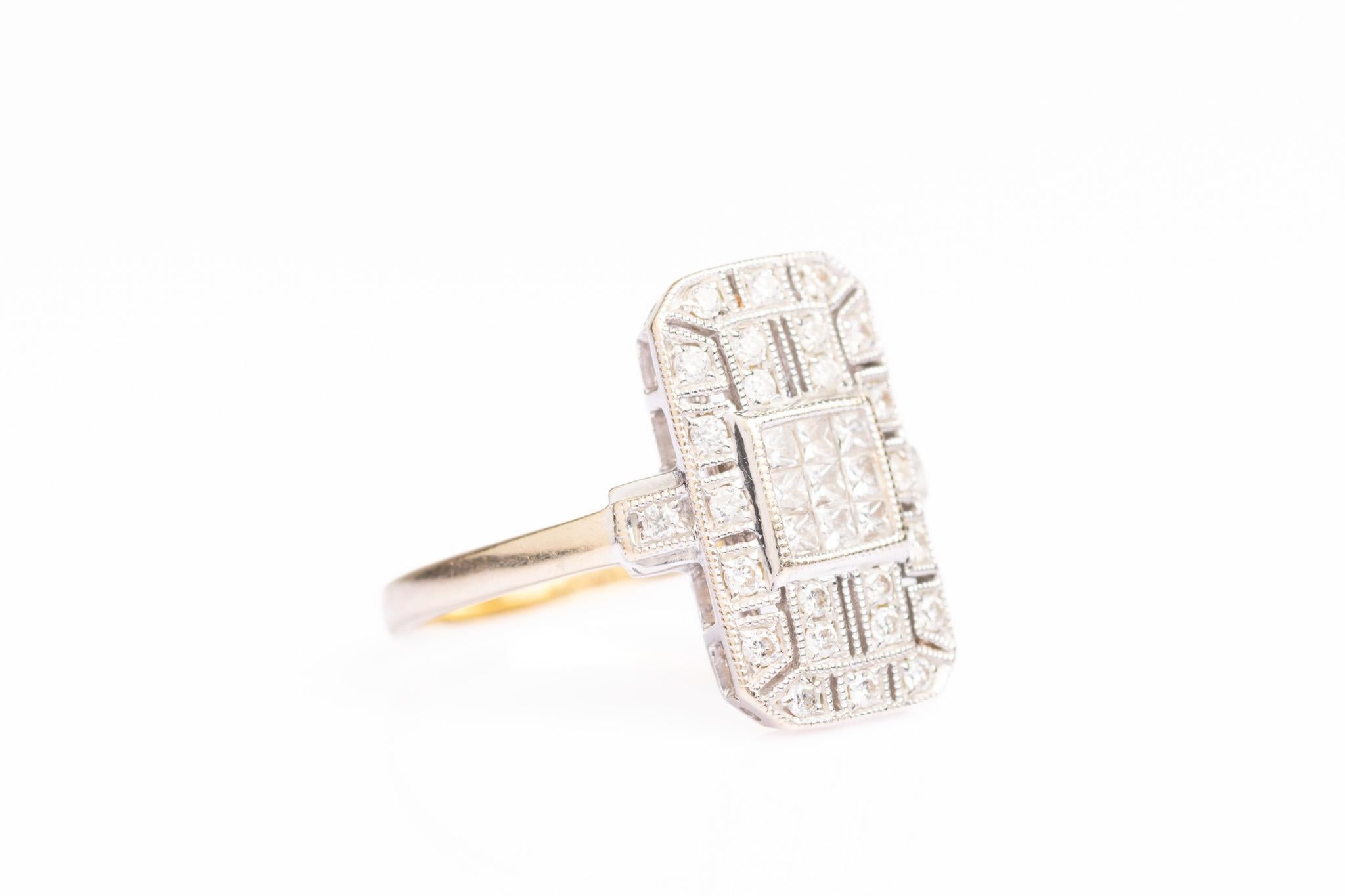 Vintage Art Deco Style 18ct Gold Diamond Plaque Ring In Good Condition For Sale In Portland, England