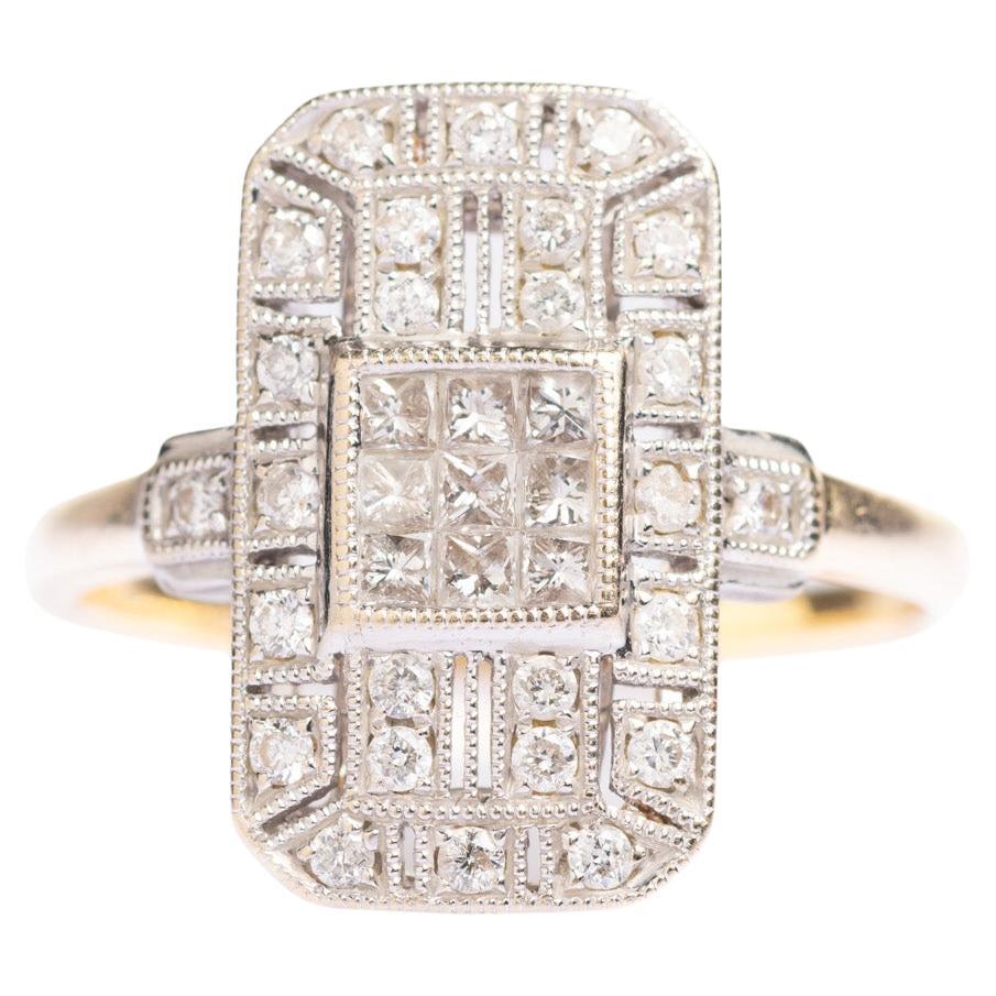 Vintage Art Deco Style 18ct Gold Diamond Plaque Ring For Sale