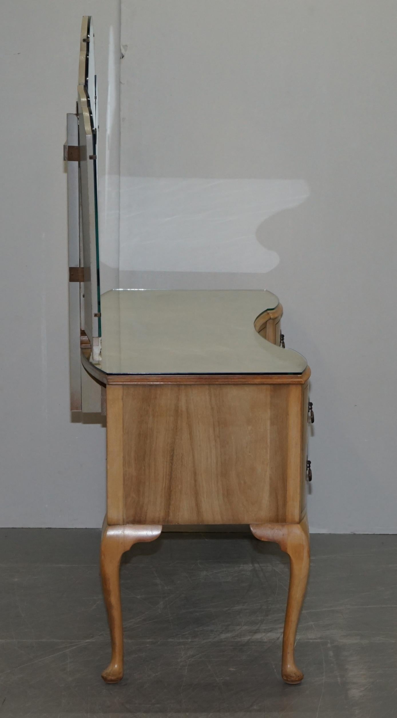 Vintage Art Deco Style 1940s Burr Light Walnut Dressing Table Tri Fold Mirrors 6