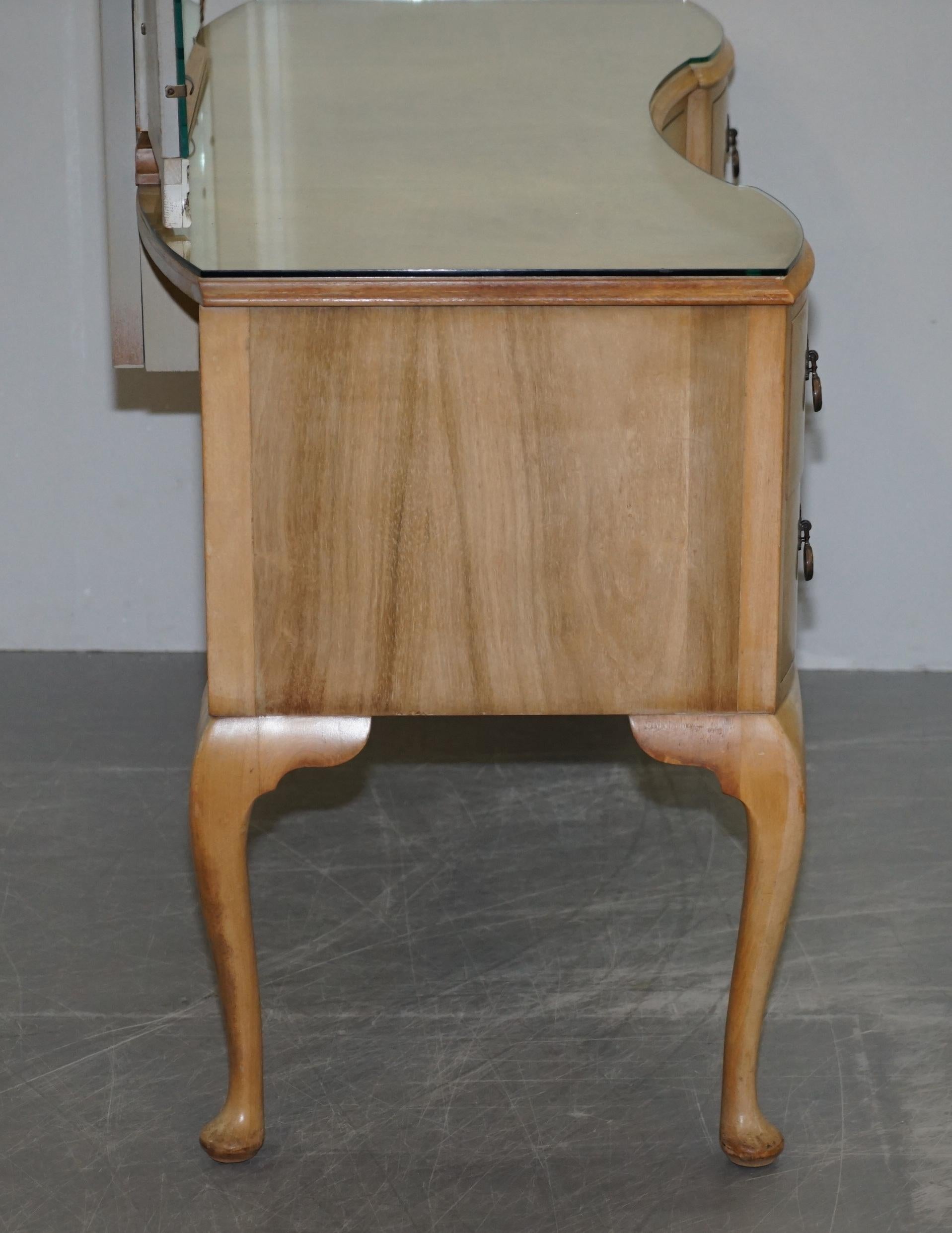 Vintage Art Deco Style 1940s Burr Light Walnut Dressing Table Tri Fold Mirrors 7