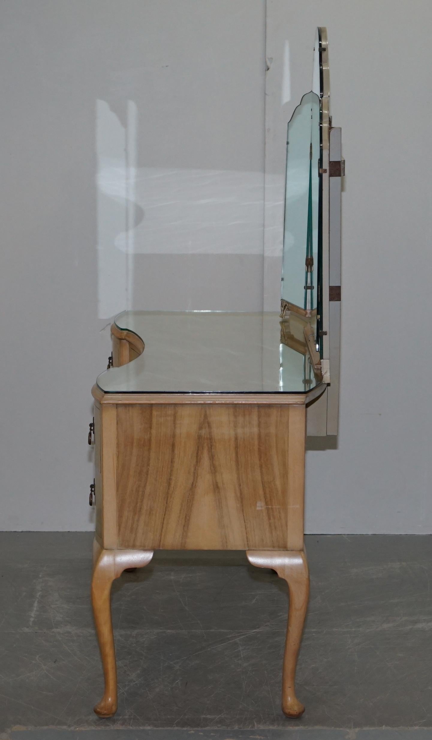 Vintage Art Deco Style 1940s Burr Light Walnut Dressing Table Tri Fold Mirrors 9