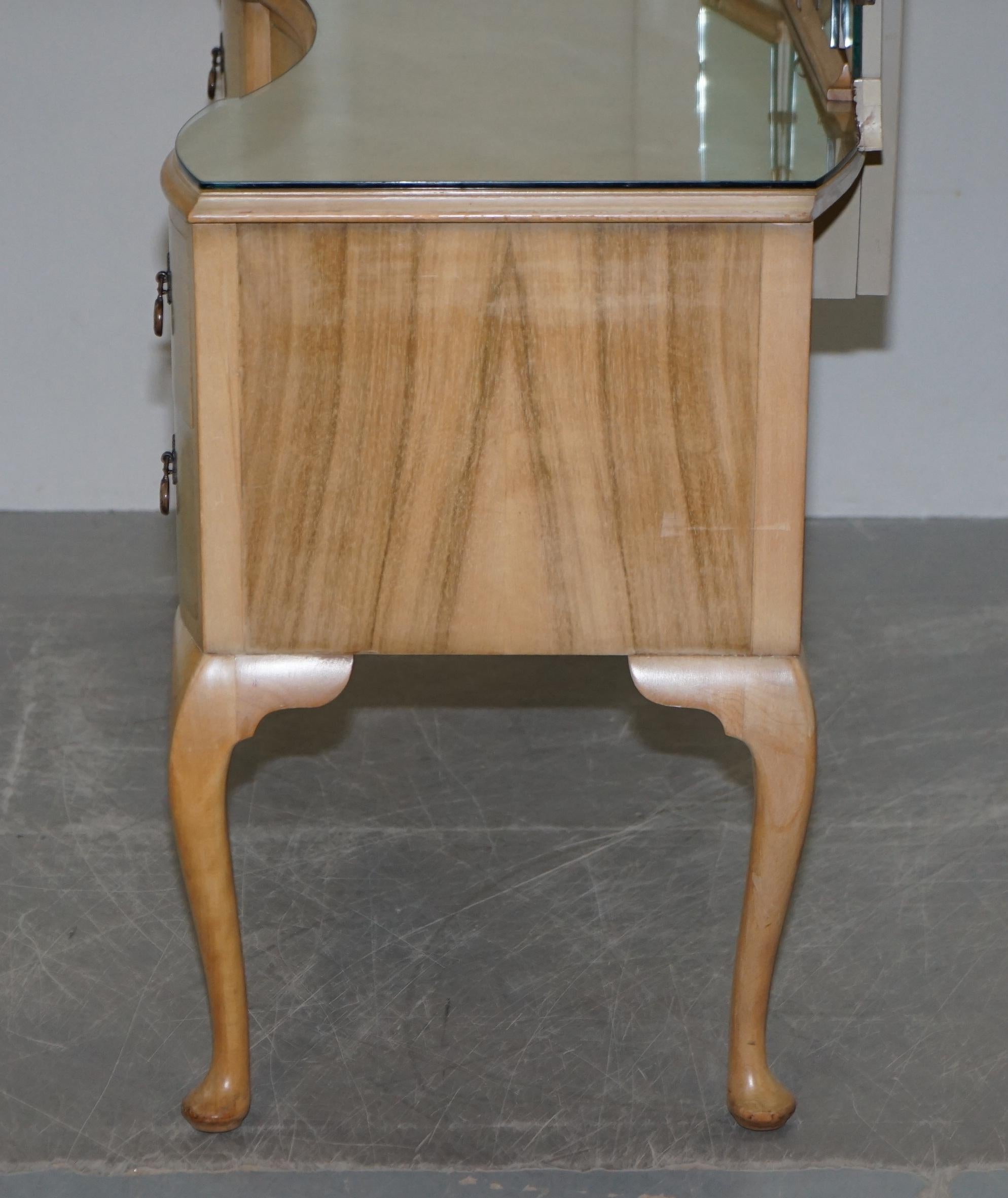 Vintage Art Deco Style 1940s Burr Light Walnut Dressing Table Tri Fold Mirrors 11