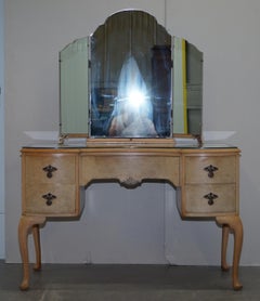 Vintage Art Deco Style 1940s Burr Light Walnut Dressing Table Tri Fold Mirrors
