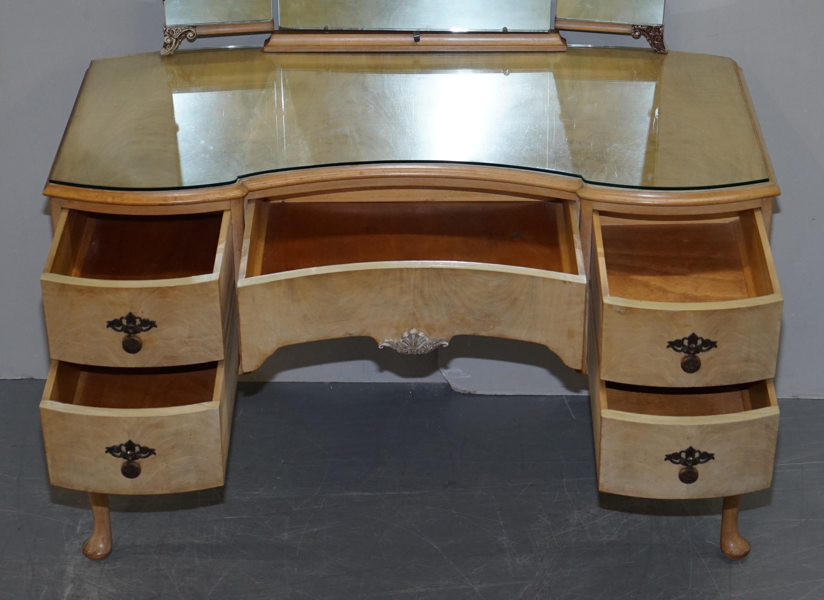 Vintage Art Deco Style 1940s Burr Light Walnut Dressing Table Tri Fold Mirrors 12