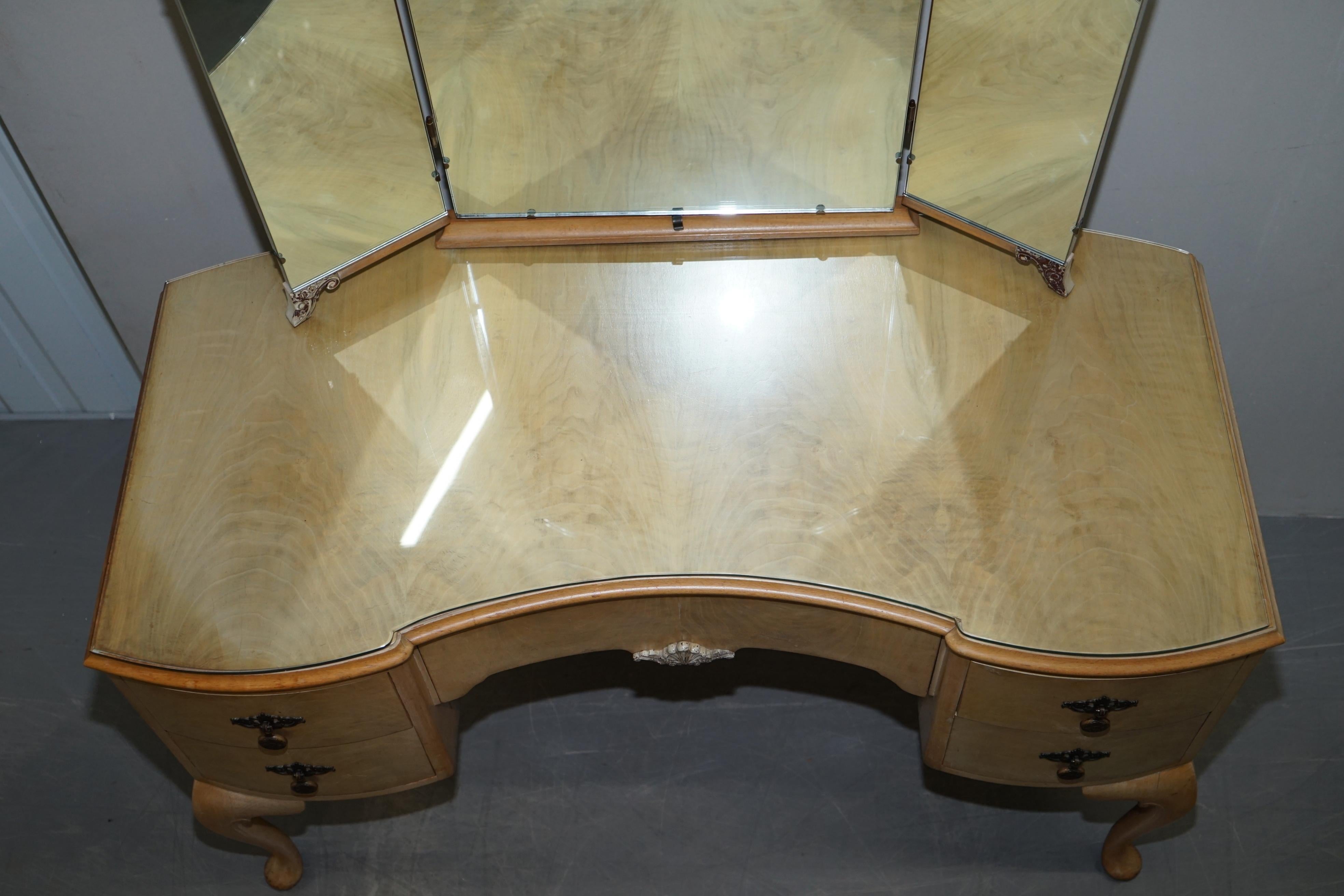 Vintage Art Deco Style 1940s Burr Light Walnut Dressing Table Tri Fold Mirrors 1
