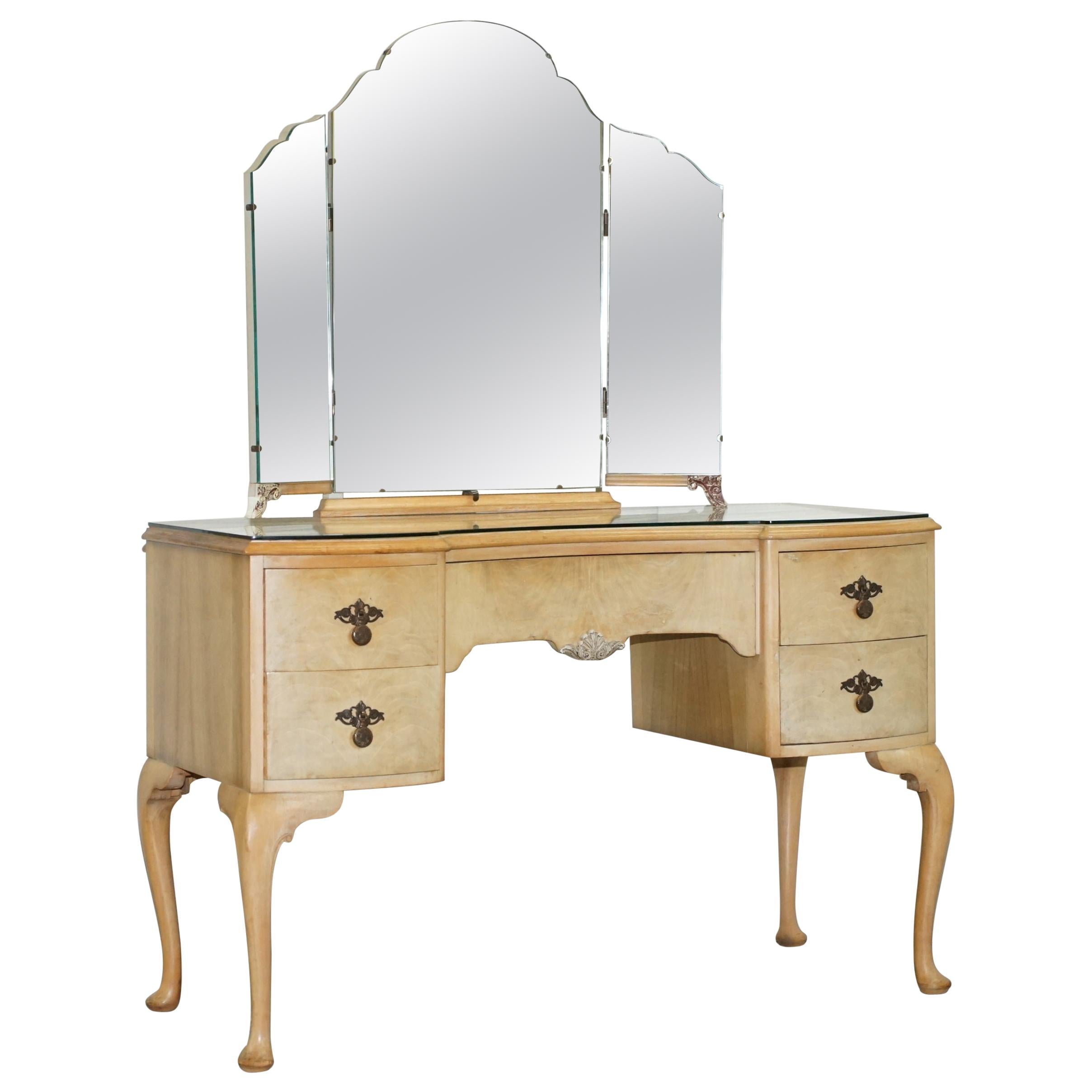 1940s Burr Light Walnut Dressing Table, Old Vanity Table With Mirror