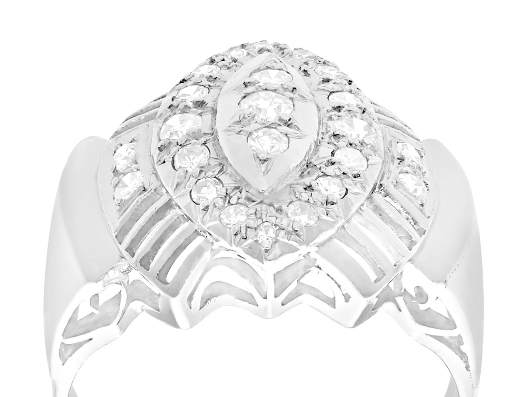 An impressive Art Deco 0.65 carat diamond and 18 karat white gold cocktail ring; part of our diverse vintage jewelry and estate jewelry collections.

This fine and impressive diamond cocktail ring has been crafted in 18k white gold.

The pierced